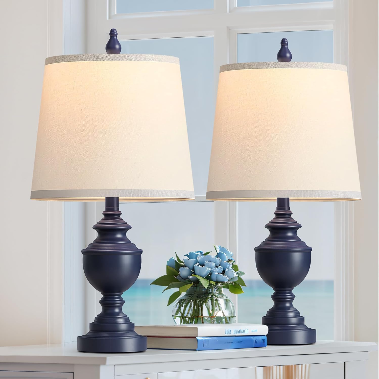 PARTPHONER Retro Table Lamps Set of 2, Bedside Lamp for Bedroom Rustic Farmhouse Table Lamps for Living Room, Vintage Nightstand Lamps with White Shades, Blue