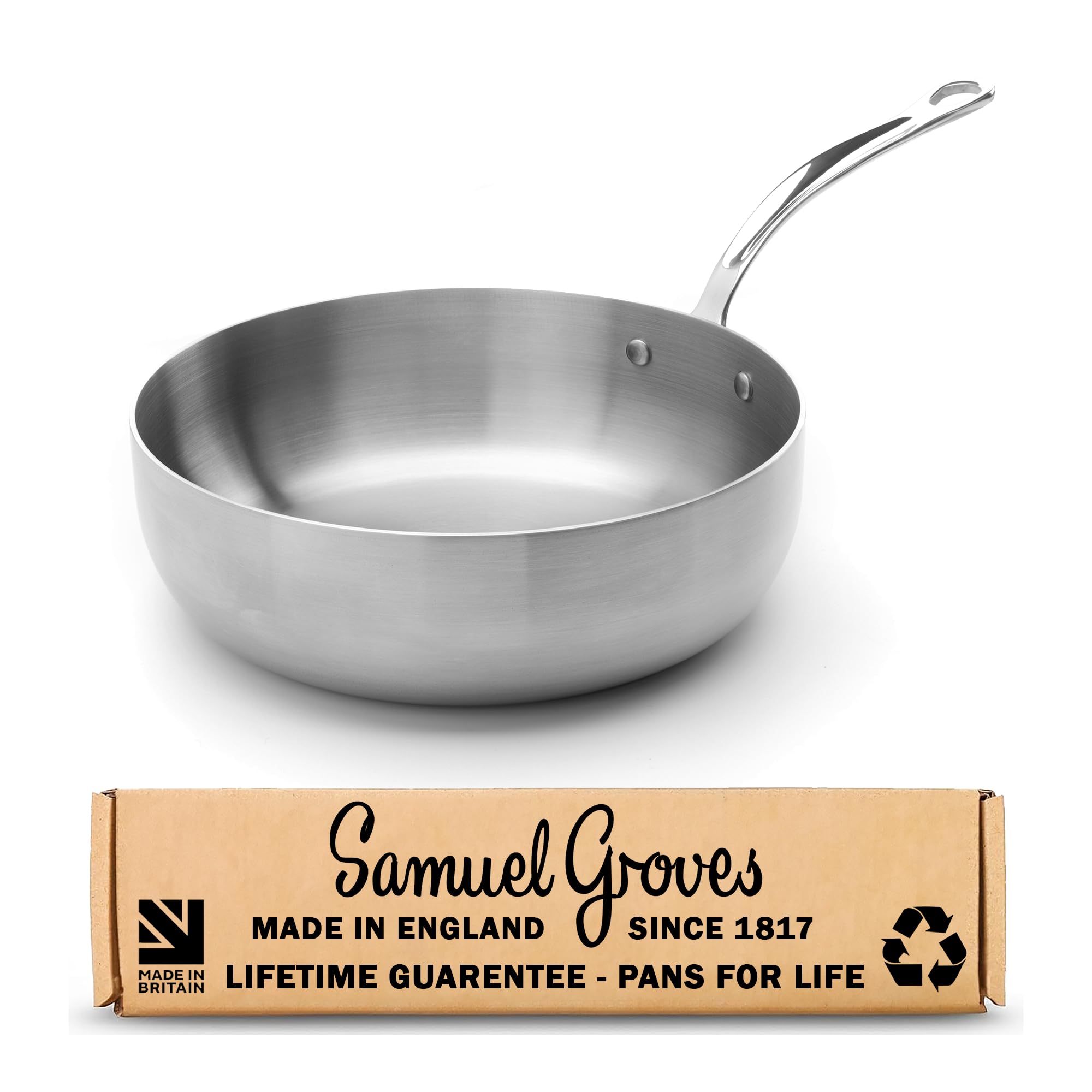 Samuel Groves Long Handle 26Cm Stainless Steel Tri-Ply Chef’s Pan - Fully Clad Professional Cookware, Induction & Oven Safe, Durable Stainless Steel - Made In England, Oldest Uk Cookware Company