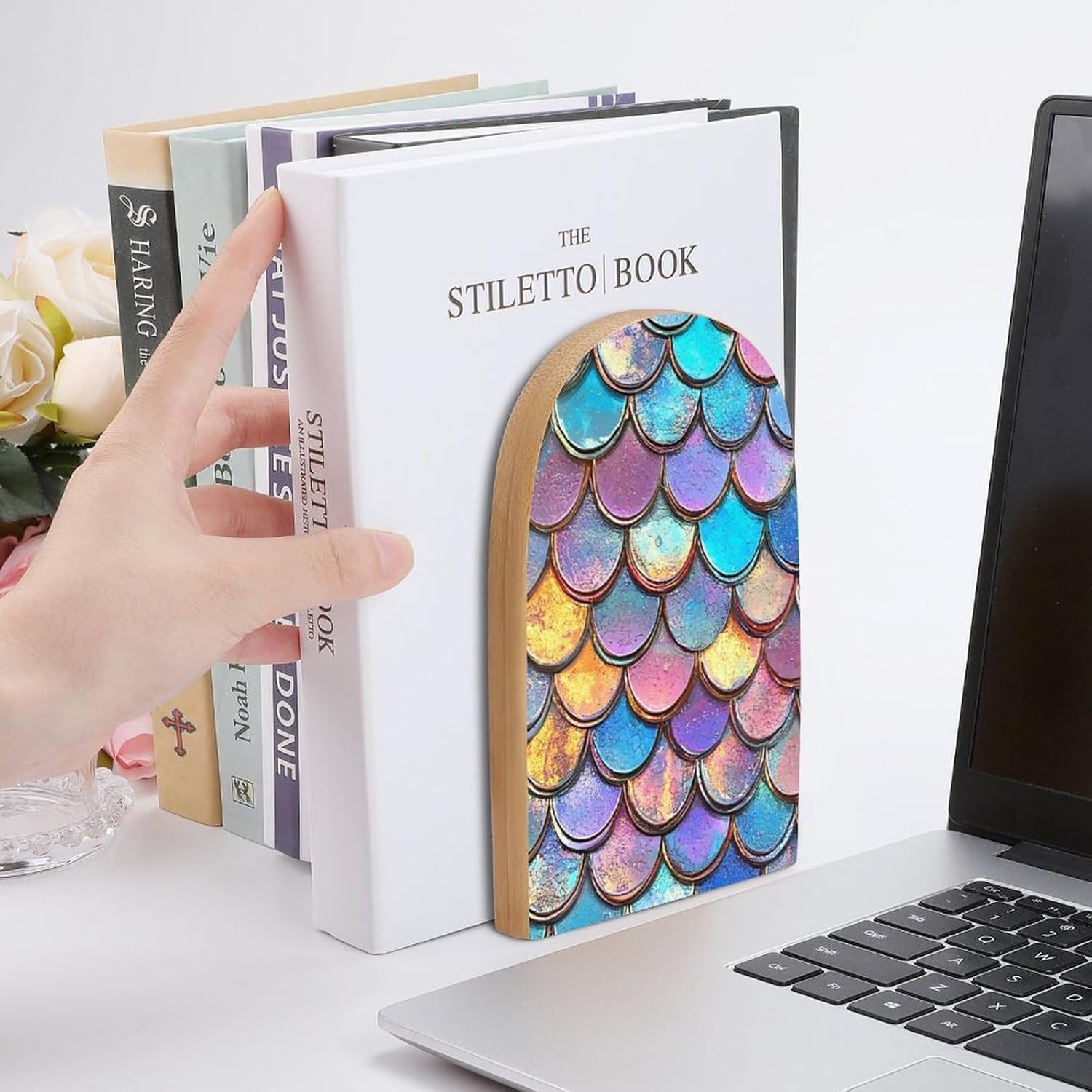 Mermaid Fish Scale Sequin Cute Wood Book Ends Decorative Bookends 1 Pair Non-Skid for Shelves Home Office 7 X 5 Inch