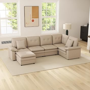 Kinpaw 6 Seat Modular Sectional Sofa, U Shaped Cloud Couch with Ottoman & Deep Seat for Living Room, Bedroom, Removable Covers, Double-Layer Cushion, Non-Slip, Khaki5+1