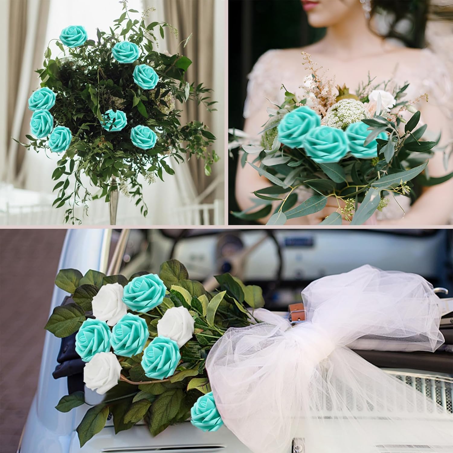 Artificial Flowers Blue Roses Real Looking Foam Fake Roses with Leaves and for DIY Wedding Bouquets Bridal Shower Centerpieces Party Decorations (100, Light Turquoise Blue)