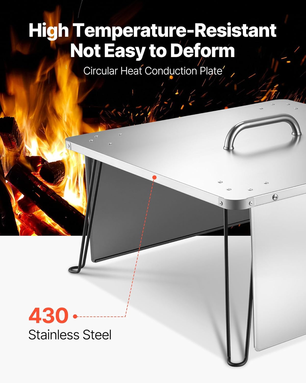 VEVOR Fire Pit Heat Deflector, 25.4x25.4x14.6 inch Square Outdoor Burner Cover, Stainless Steel Bonfire Camping Wood Burning, Push Heat Down and Out with 4 Foldable Legs & Carrying Handle