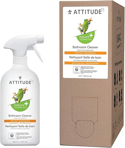Paquete de ATTITUDE Nature +, limpiador de baño hipoalergénico multiuso, cáscara cítrica de 27.1 onzas líquidas + repuesto a granel de 135.26 onzas