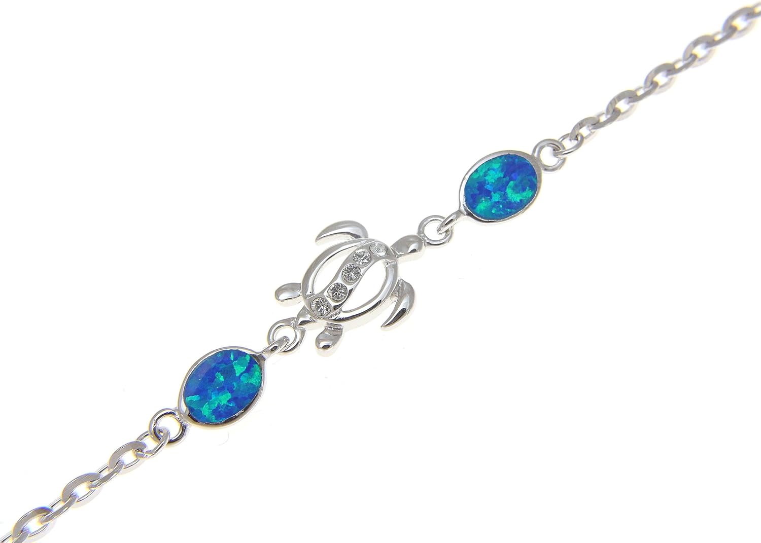 Arthur's Jewelry 925 sterling silver Hawaiian honu sea turtle cz blue synthetic opal link chain anklet 9"+2"