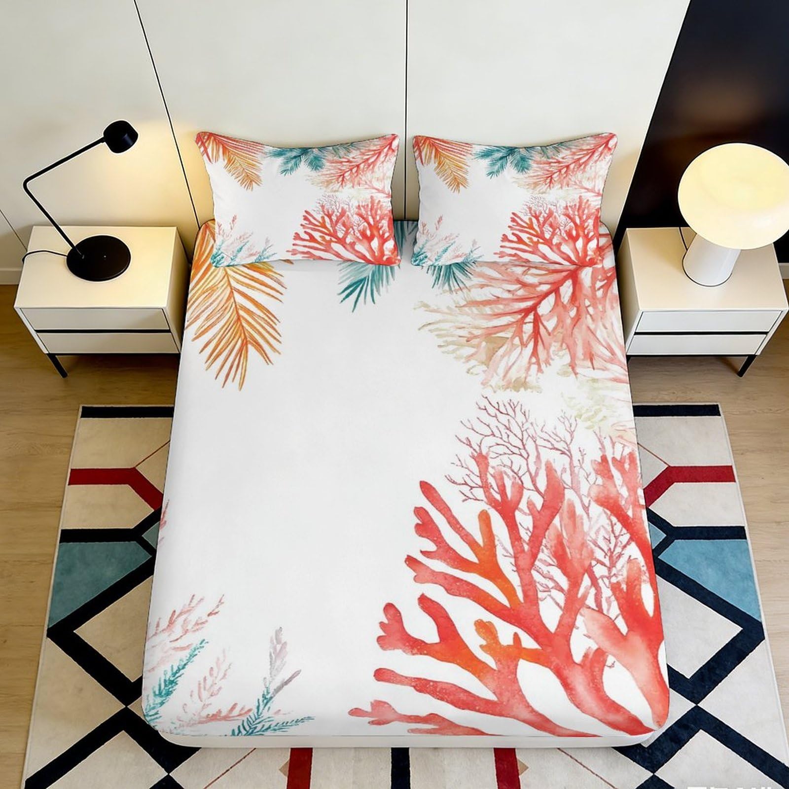 3D Printed Coral Reef Fitted Sheet Microfiber Soft Breathable Ocean Branch Bed Cover for Bedroom Guest Room Decor 90x200x25cm