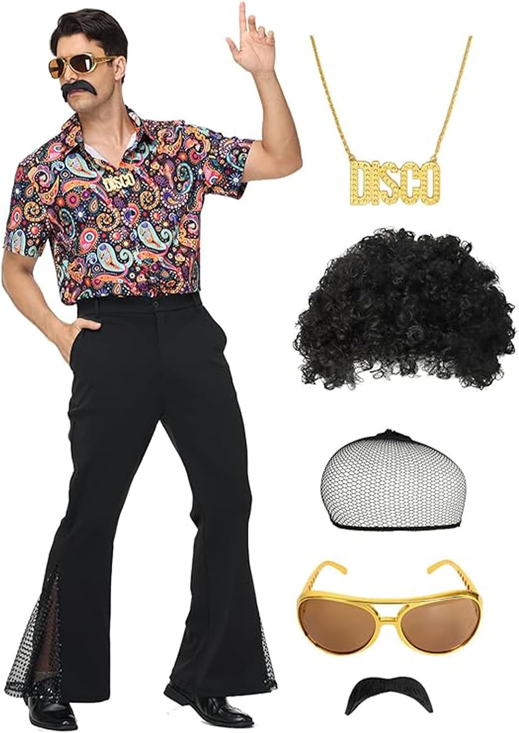 70s Outfits for Men 7pcs Disco Outfit Men Retro Costume for 70's Theme Clothes Party