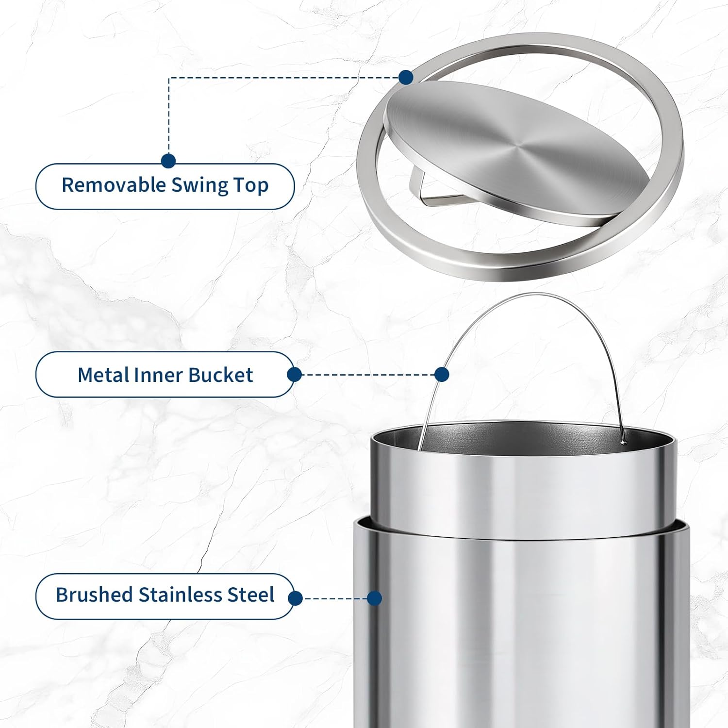 Takywep 18.5 Gallon / 70 L Swing Top Trash Can, Heavy Duty Brushed Stainless Steel Garbage Bin with 360° Swing Lid and Inner Bucket for Kitchen, Office, Restaurant, Bedroom