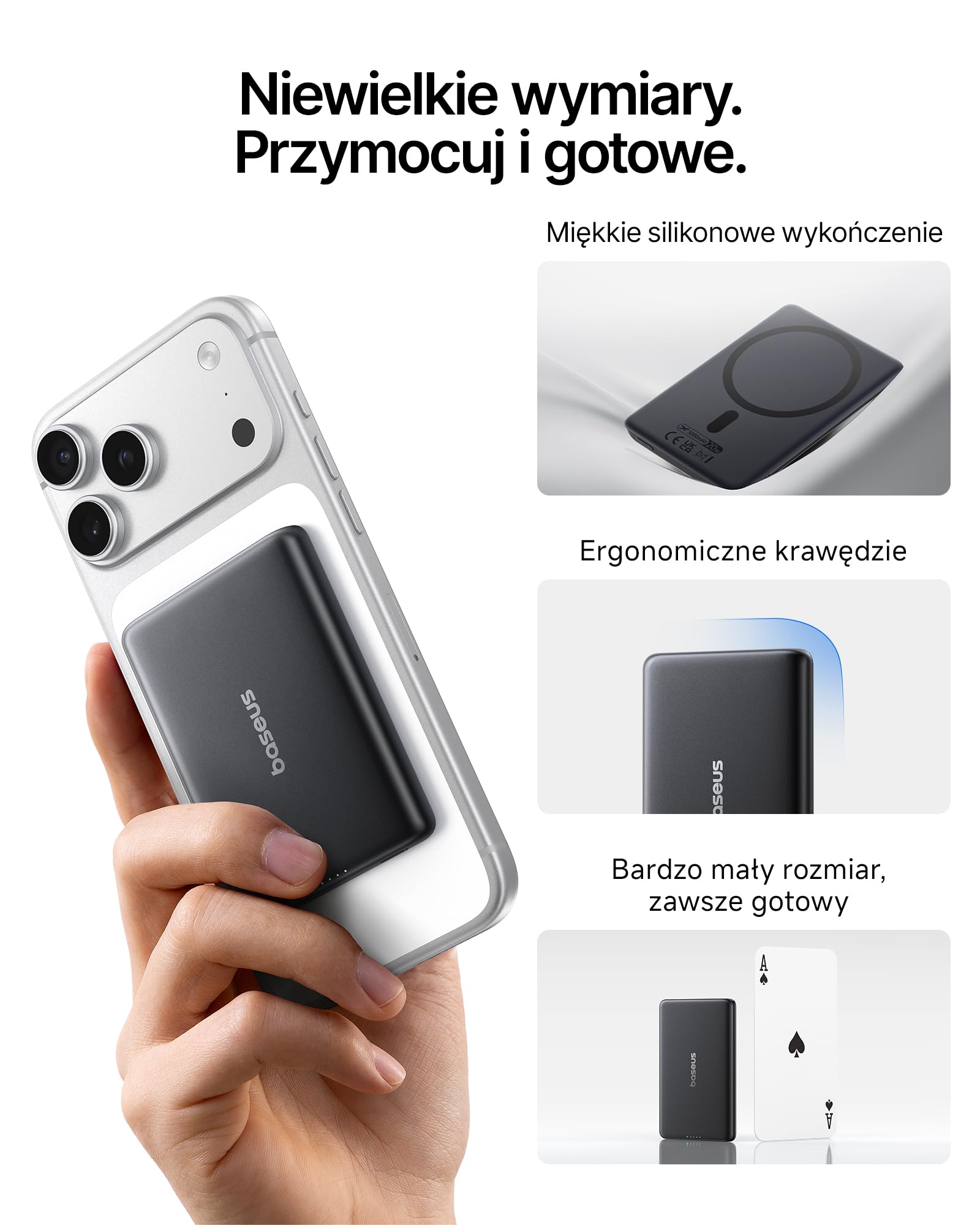 Baseus Picogo AM31 MagSafe Powerbank, Ultra Slim 20 W, szybkie ładowanie, magnetyczny powerbank, bezprzewodowa, zewnętrzna bateria z kablem USB C, przenośna ładowarka, do iPhone 17/16/15/14/13, czarna