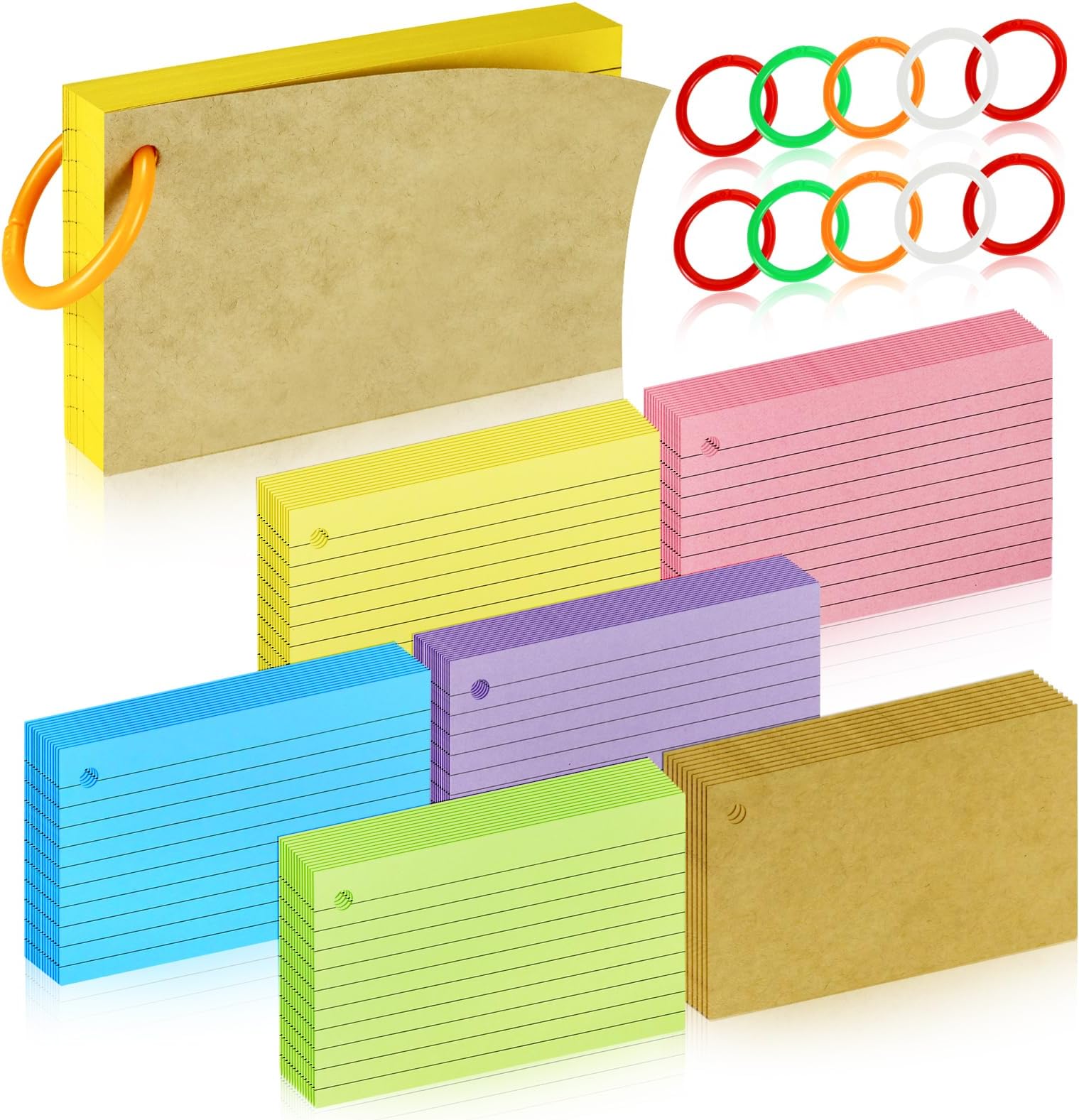 Sixwipe 350 Pcs Index Cards, 3 X 5 Inches Colored Flash Cards With Ring