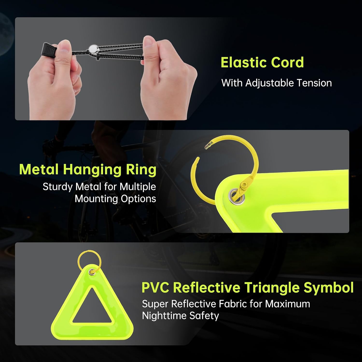 4 PCS Fluorescent Yellow Reflective Triangles for Night Riding | Bike Safety Reflectors, High Visibility reflective triangle pendant with Elastic and Metal Loop for Cycling Running Backpack
