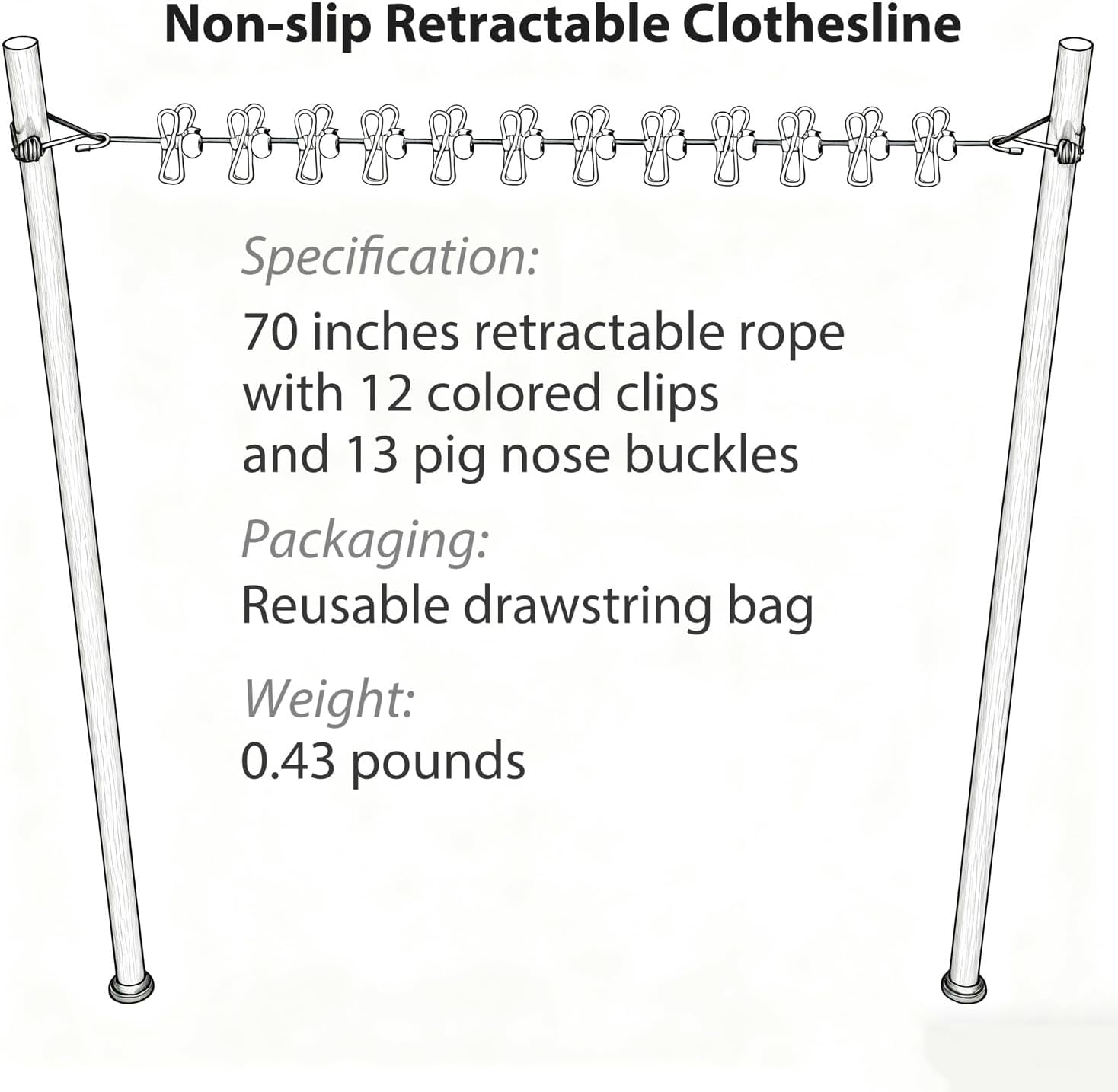Portable Clothesline Retractable - Travel Drying Rack with Clothespins, Waterproof Outdoor Camping Laundry Line for Indoor Use in Hotel, Home, Apartment (Black Rope + Multi-Color Clips)