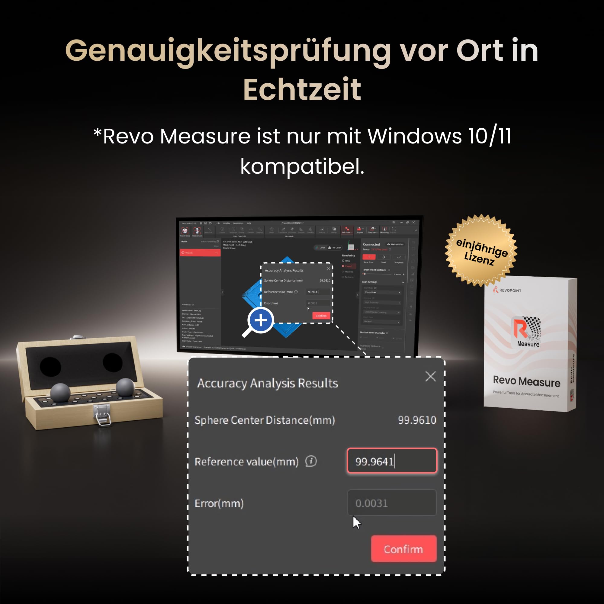 Revopoint MetroY Ultra 3D-Scanner, 0,01 mm Blaulaser, PTB-zertifiziertes GD&T- und Abweichungsanalyse-System, 90 FPS, Wi-Fi 6, Außen-/Farbscan für 3D-Druck, Kugelplatte aus Kohlefaser (nur Win 10/11)