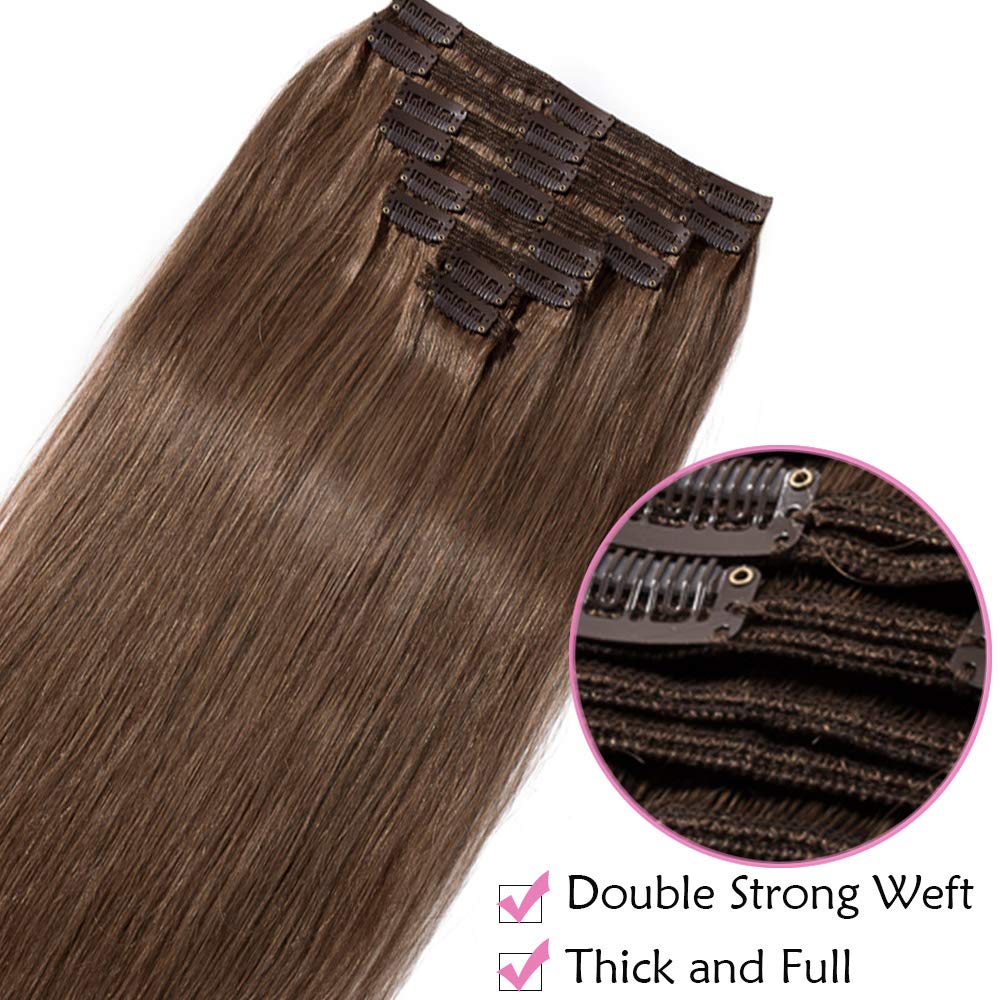 SEGO Extension Capelli Veri Clip Marrone 50cm Double Weft Volumizzante 8 Fasce Naturali 100% Remy Human Hair Lisci 150g Full Head #30 Castano Ramato Chiaro