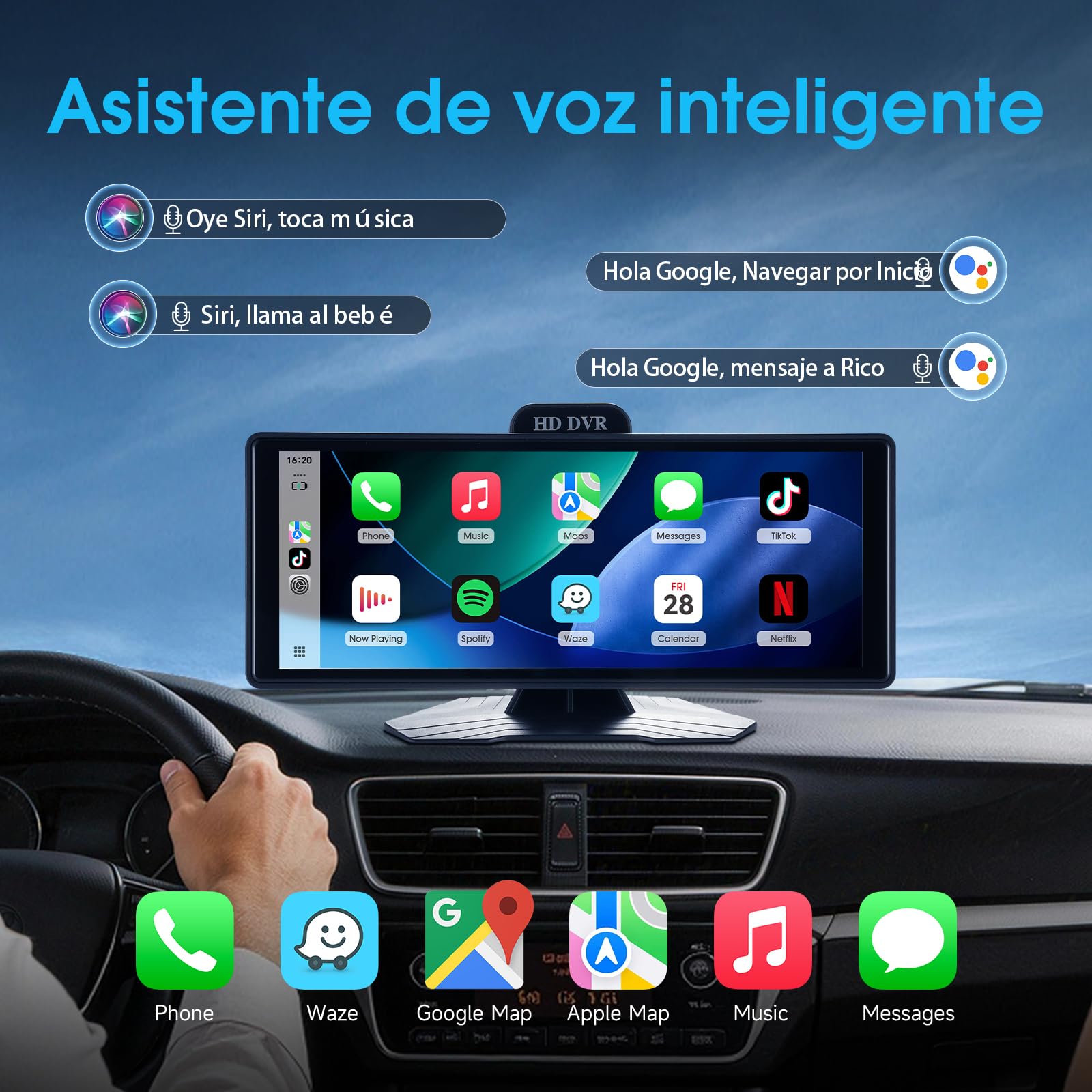 Haudio Pantalla CarPlay 10.26 Pulgadas Inalámbrica para Apple CarPlay y Android Auto, Estéreo Portátil con 2K DVR & 1080P Trasera Cámaras, Control Voz, Radio AUX/FM y TF 64G para Todos los Coches