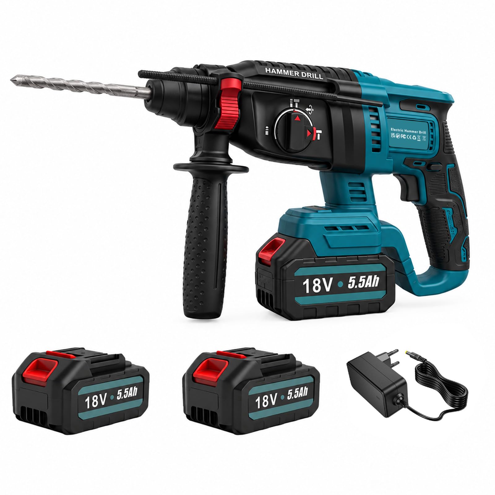 Martello perforatore a batteria SDS-Plus, motore senza spazzole, funzioni 3 in 1 (trapano/foratura a martello/scalpello), con 2 batterie da 5,0 Ah e caricabatterie rapido, potenza massima di foratura