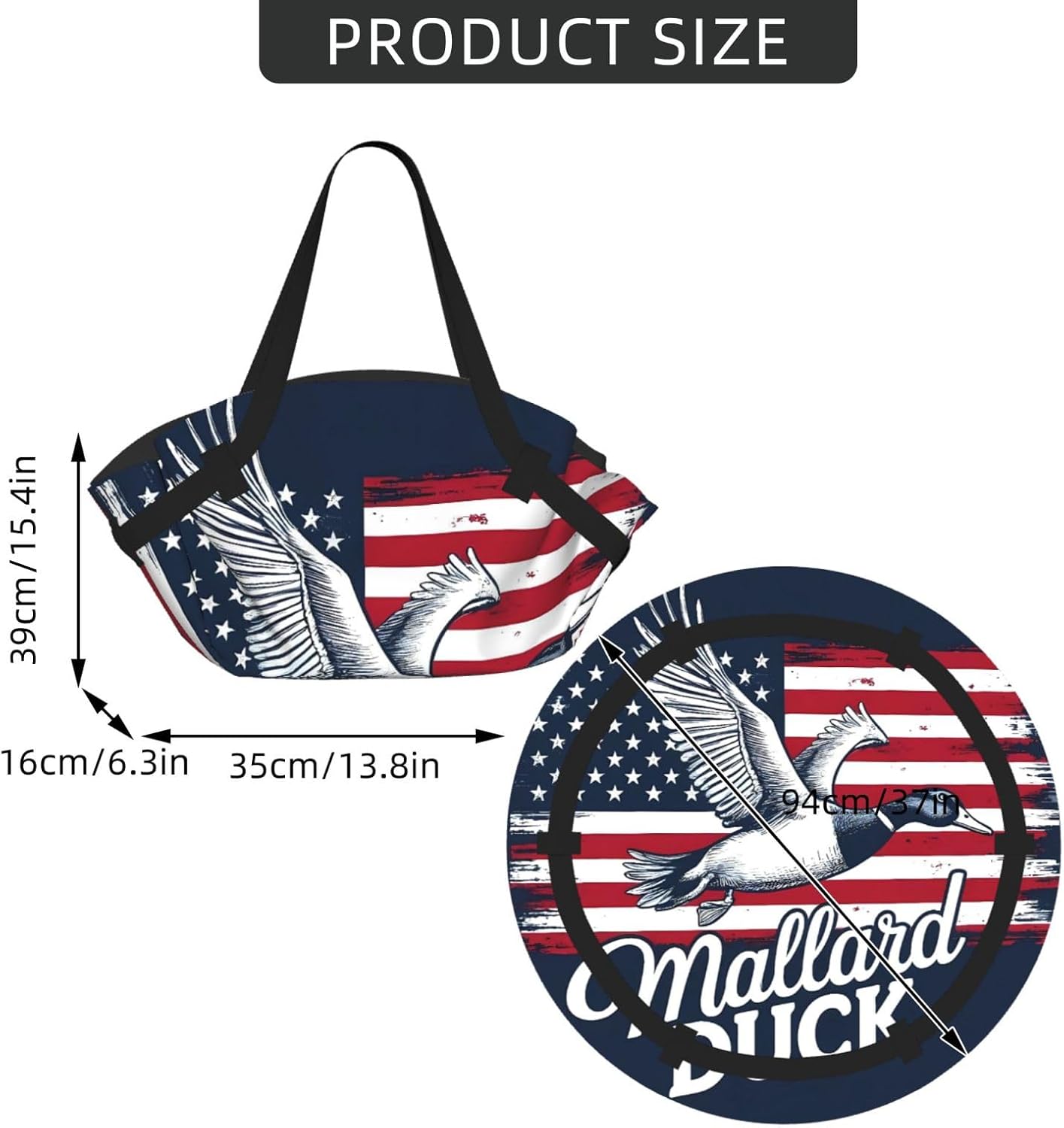 Mallard Duck With American Flag Pattern Foldable Camping Tote Bag Picnic Blanket Bag Portable Beach Mat Tote Waterproof Outdoor Picnic Mat Carry Bag