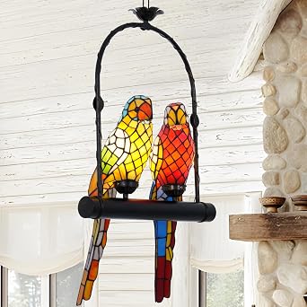 Vintage Tiffany Style Stained Glass Parrot 2 Bird Shade Chandelier Ceiling Pendant Light, Antique Bronze Finish Fixture