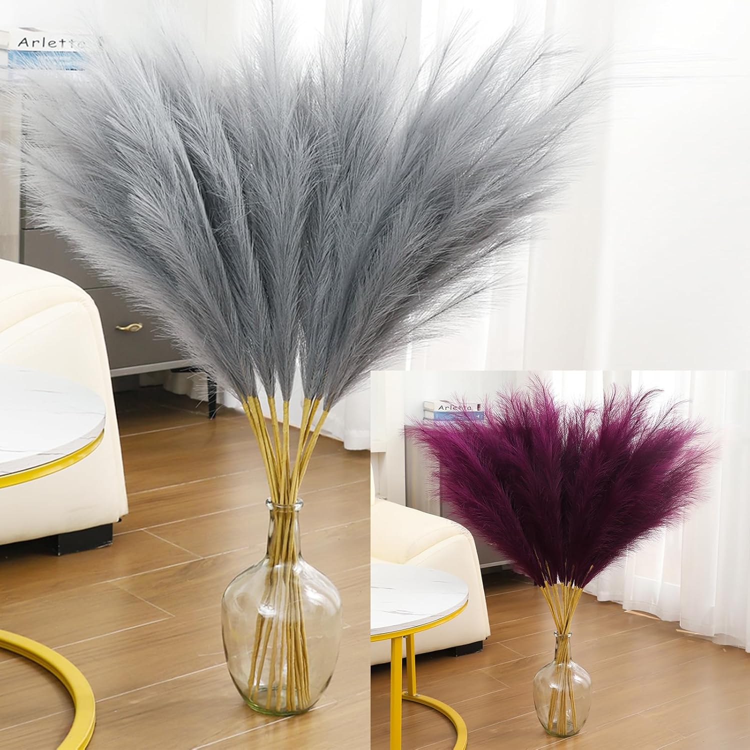43" Faux Pampas Grass Decor Grey & Purple - Artificial Pampas Grass Small Pampas Grass Fluffy Pompas Floral Arrangement