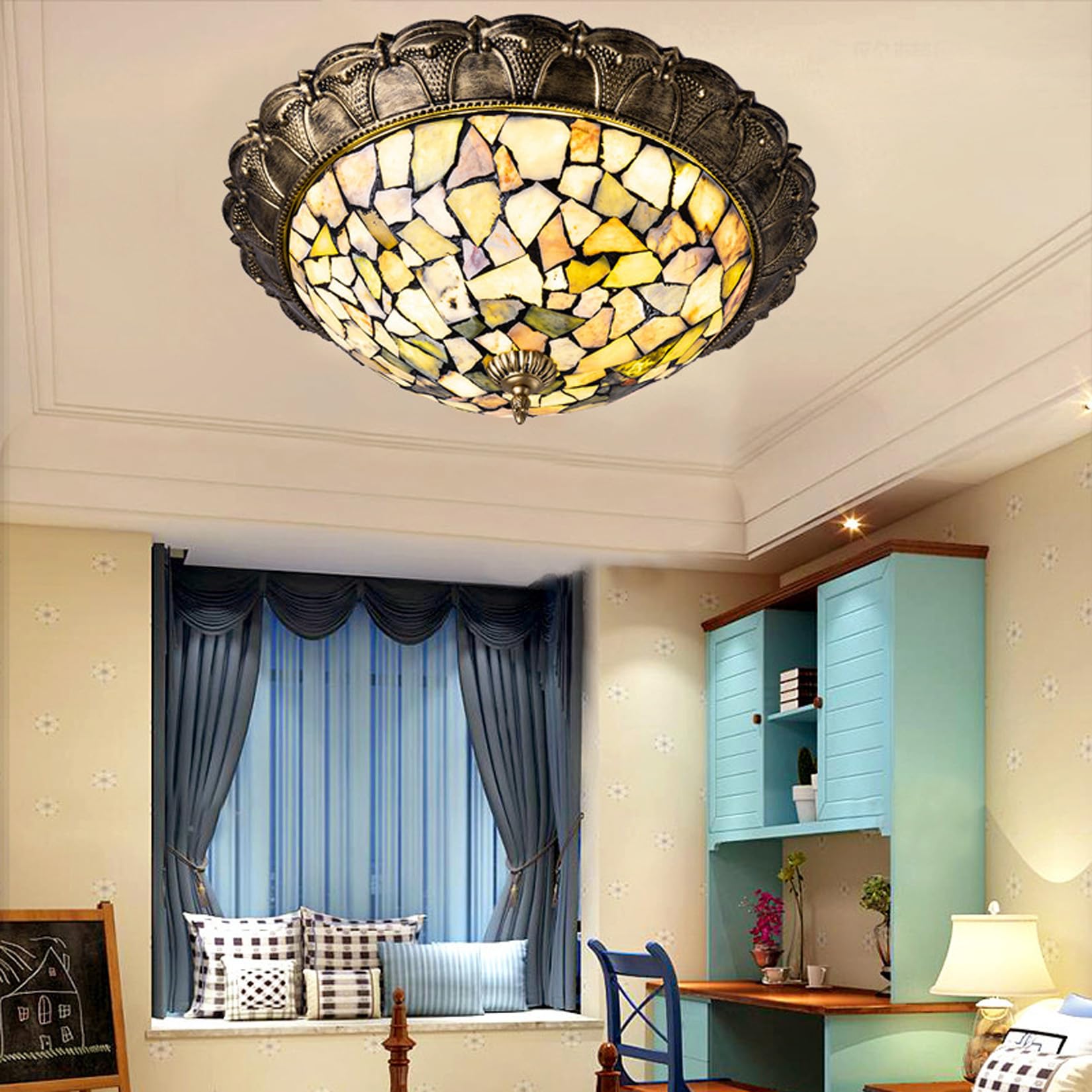 Lampa sufitowa LED w stylu pasterskim, 16 cali, kolorowe szkło, wpuszczana lampa sufitowa do sypialni, chip LED, 24 W/48 W, chłodne białe światło (3 kolorowe światła)