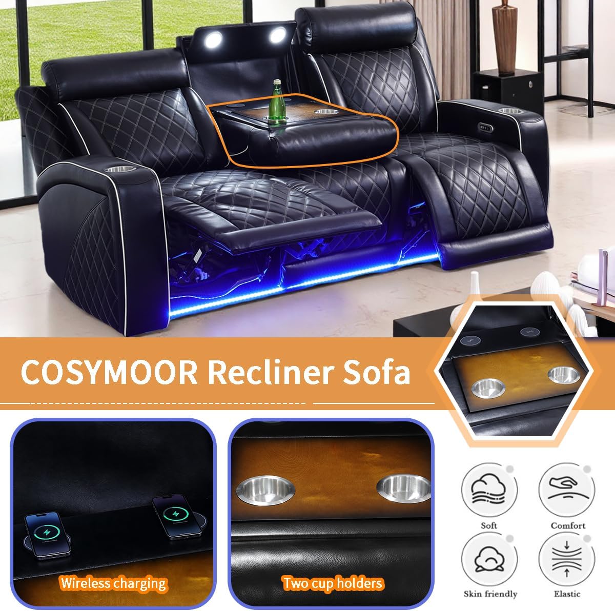 3 Pieces Living Room Furniture Sets, Power Recliner Sofa Set with LED Light, Leather Sofa and Loveseat Set, Modern Couches Power Reclining Sets with Cup Holder/Storage Console for House