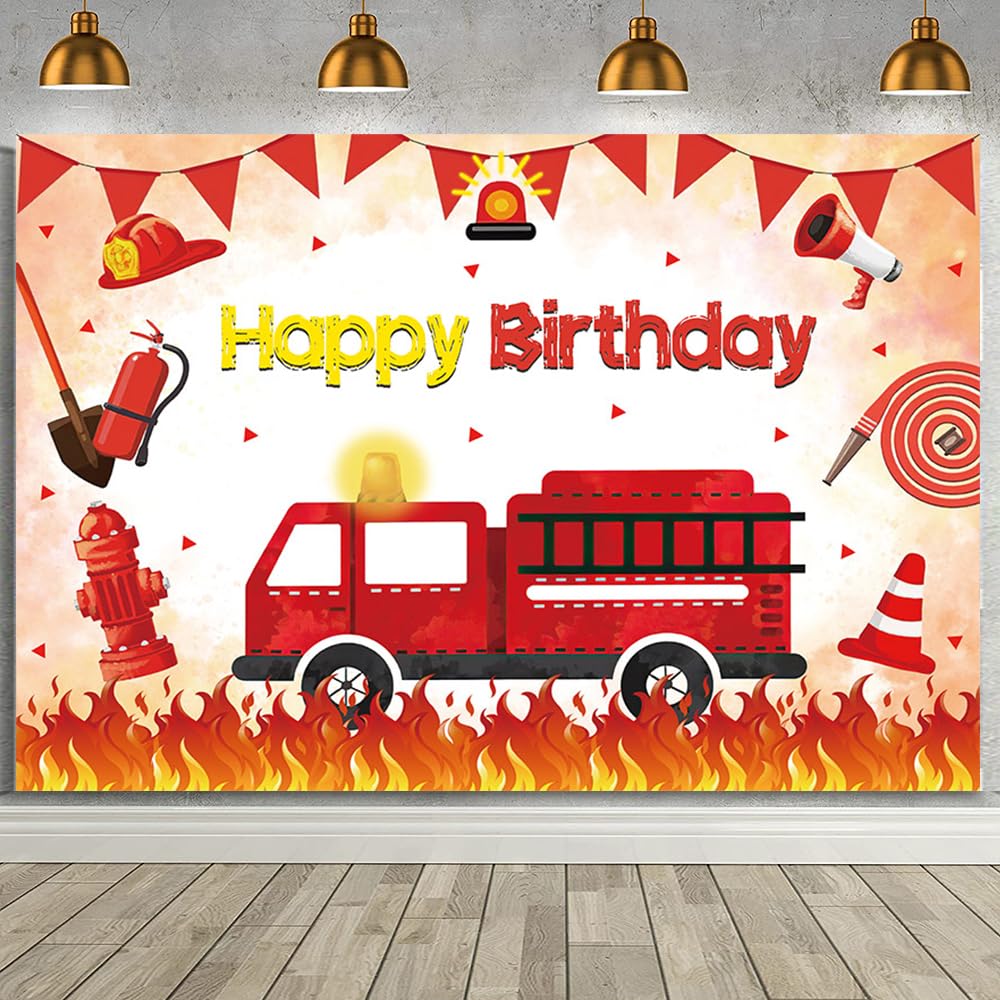 MEHOFOND 7x5ft Firetruck Birthday Backdrop Fireman Rescue Theme Happy Birthday Background Banner for Boys Girls Red Firetruck Firefighter Baby Shower
