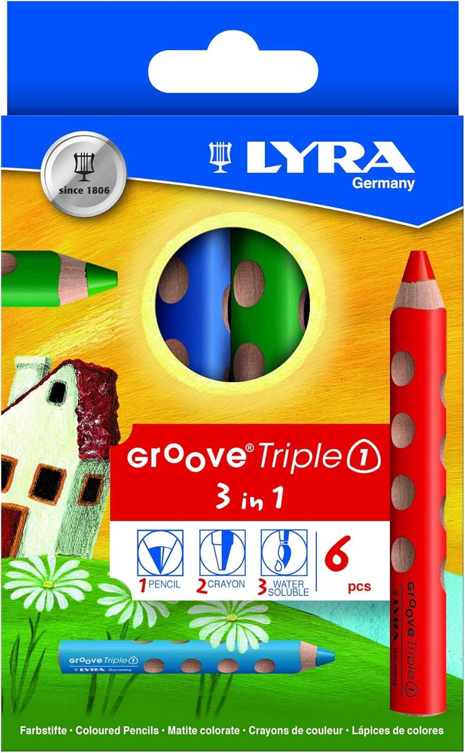 LYRA Groove Triple One Wooden Chunky Colouring Pencils 3 in 1, 6 Assorted Colours, Ideal for Children and Schools