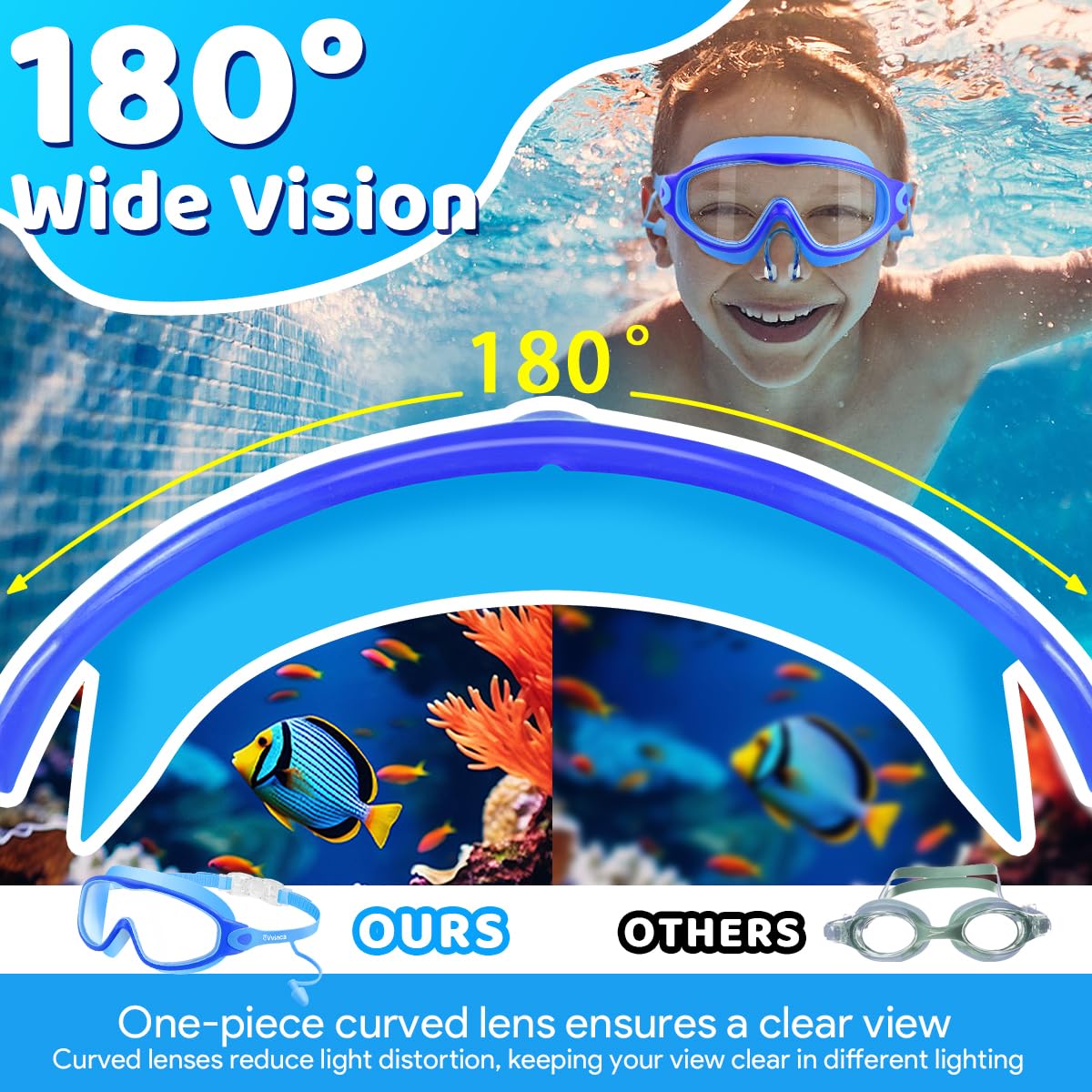 Vvinca Lunettes de natation pour enfants avec bouchons d'oreilles et pince-nez - Lunettes de natation anti-buée/UV pour garçons et filles de 3 à 15 ans