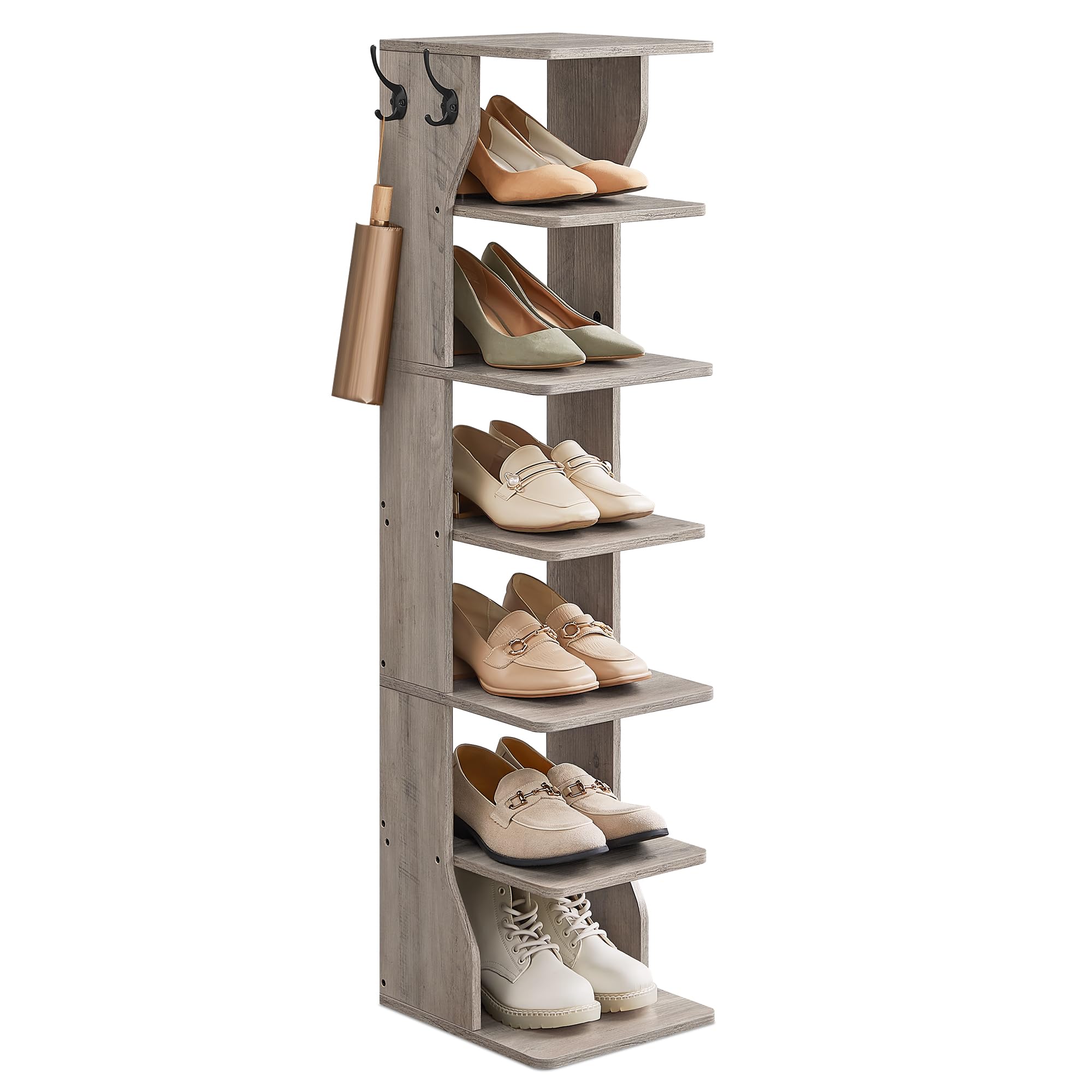 VASAGLE Slim Shoe Rack, Narrow Shoe Storage Organiser, 7-Tier Shoe Stand, for Small Spaces, Hallway, Cloakroom, Heather Greige LBS200L01