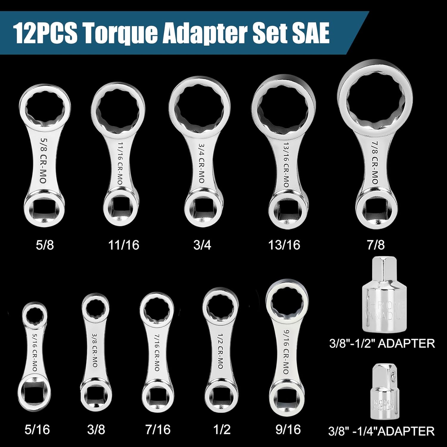 Torque Adapter Set SAE 12PCS, Includes 5/16", 3/8", 7/16", 1/2", 9/16", 5/8", 11/16", 3/4", 13/16", 7/8", 3/8" Torque Wrench Adapter, 12 Point Torque Extender Adapter with 1/2" + 1/4" Drive Converters
