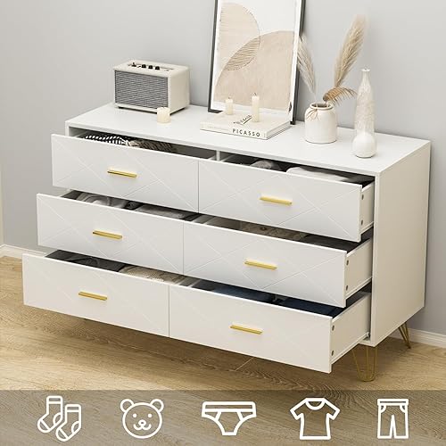 Miniatura 5 de BVFUKA Cómoda blanca para dormitorio, cómoda doble de madera con 6 cajones anchos y asas doradas, cómodas modernas y cómoda para pasillo, entrada