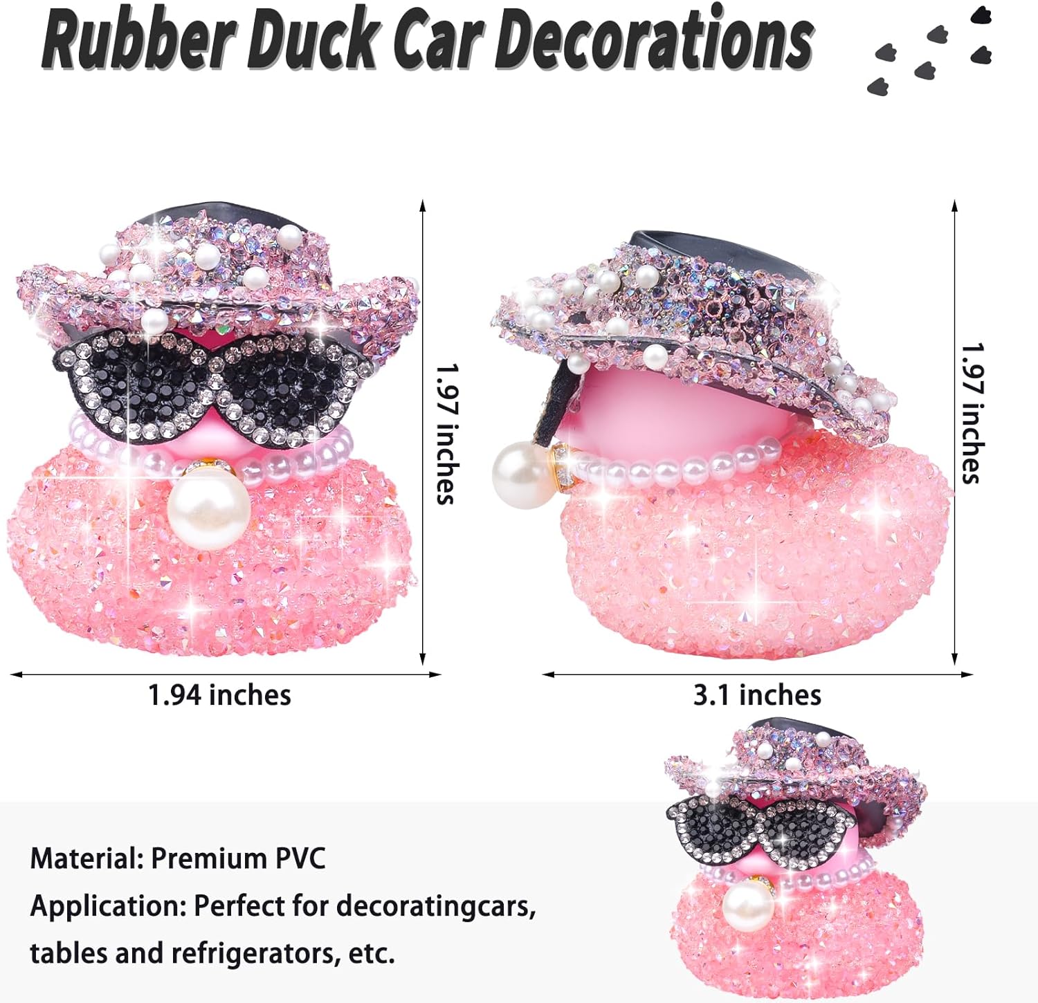 Rhinestones Rubber Duck Car Ornaments, 2Pcs Funny Diamond Ducks Car Dashboard Decorations Duck Accessories with Mini Shiny Cowboy Hat Necklace and Sunglasses