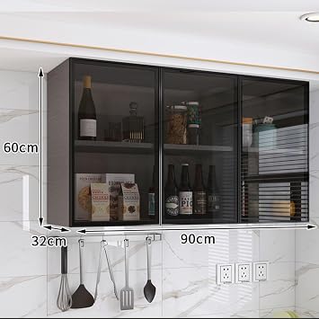 Wall Cabinet, Kitchen Wall Cabinet With Glass Door, Over The Toilet Storage, Living Room, Kitchen, Cupboard (Black, 90 * 32 * 60CM)