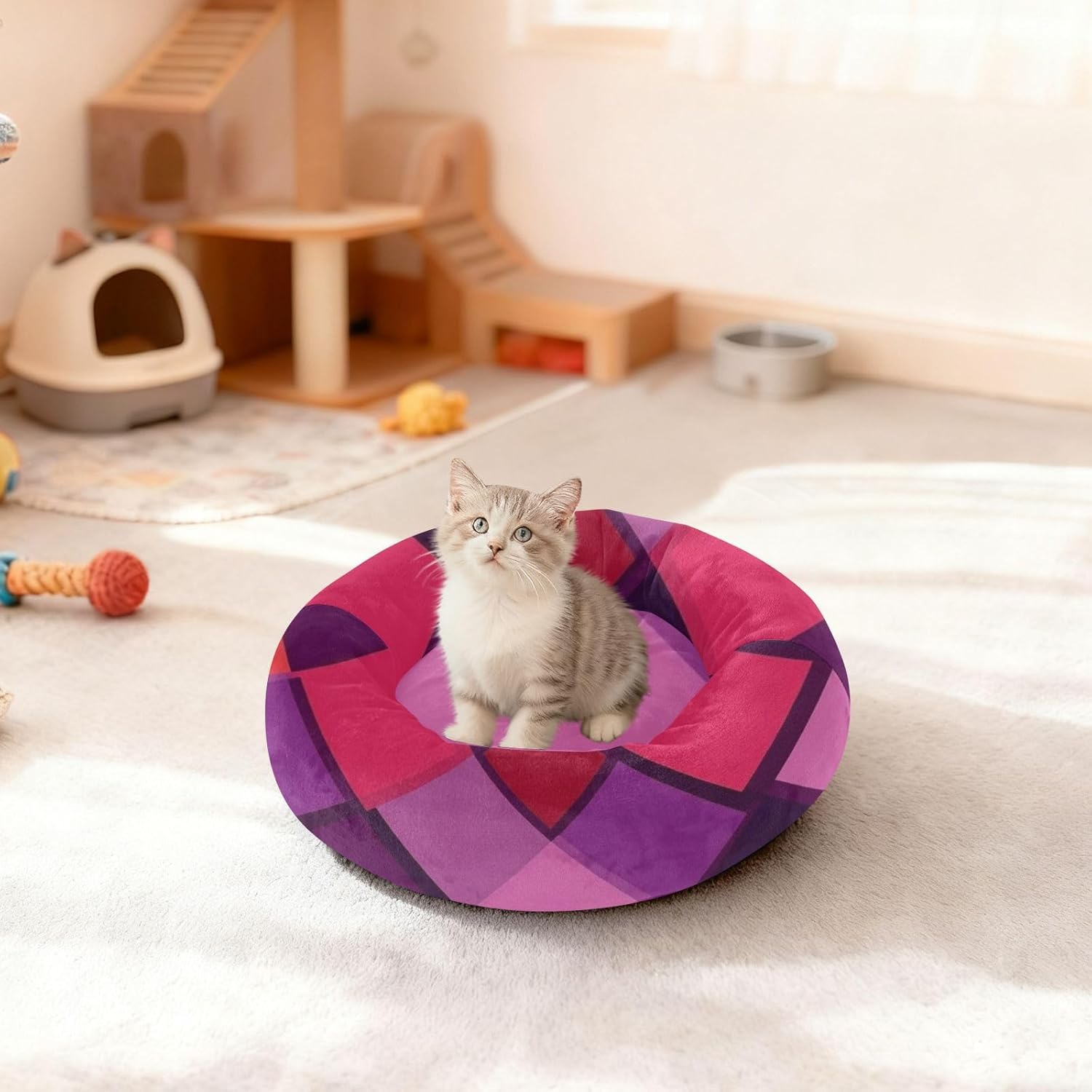 Retro Rhomboid Purple Red Pet Dog Beds Warm & Cozy Cat Pillow Bed for Medium Size Pets Sleeping M