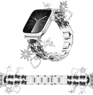 Stylish Metal Bands Compatible with Apple Watch Band 49/46/45/44/42mm 41/40/38mm Women,Cuban Chain Band with Cute Pendants Love Cross Charms Strap for iWatch Series 11 10 9 8 7 6 5 4 SE/Ultra 3 2 1