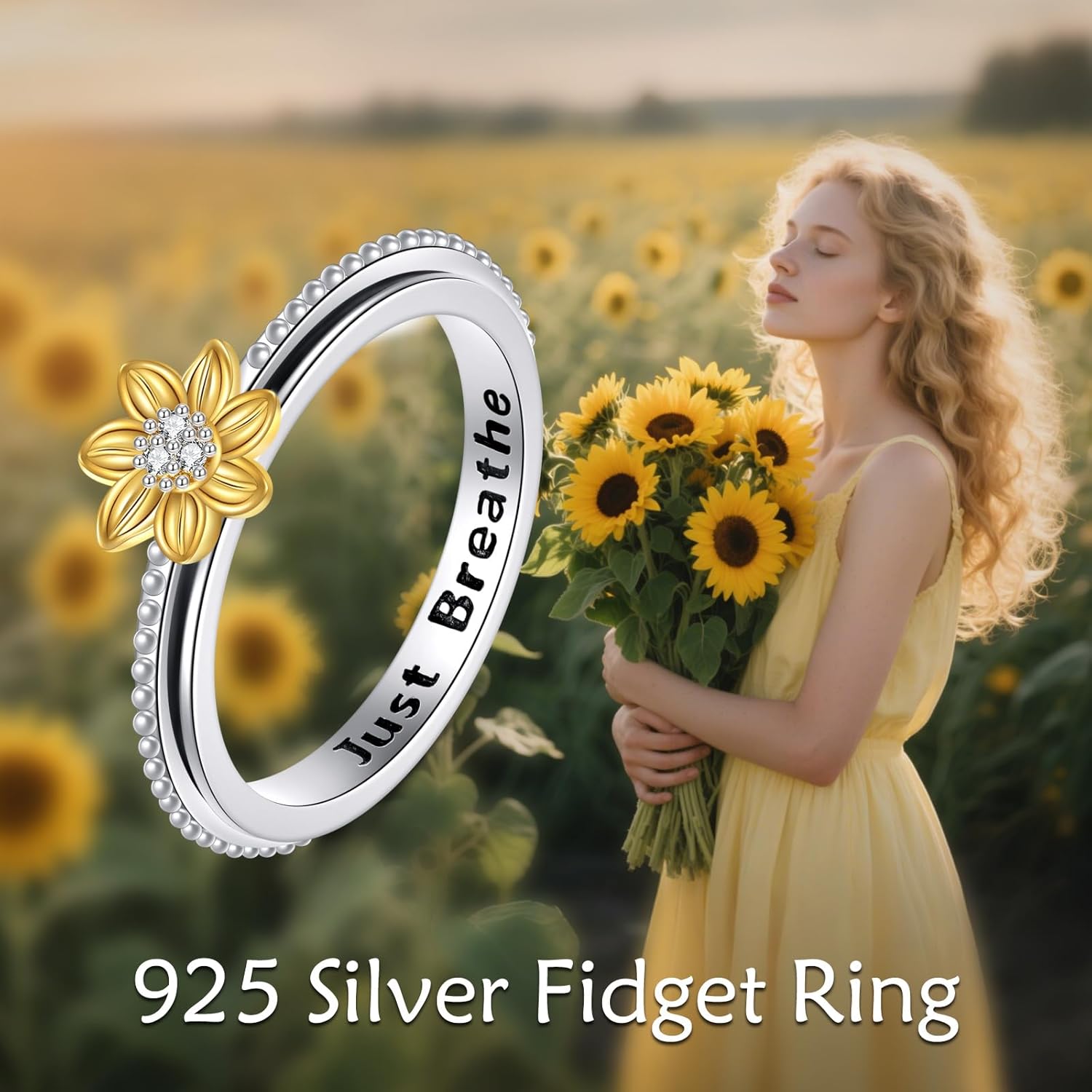Sunflower Spinner Anxiety Ring 925 Sterling Silver You Are My Sunshine Flower Fidget Ring ADHD Stress Relieving Jewelry for Women Size 7/8 - Image 6