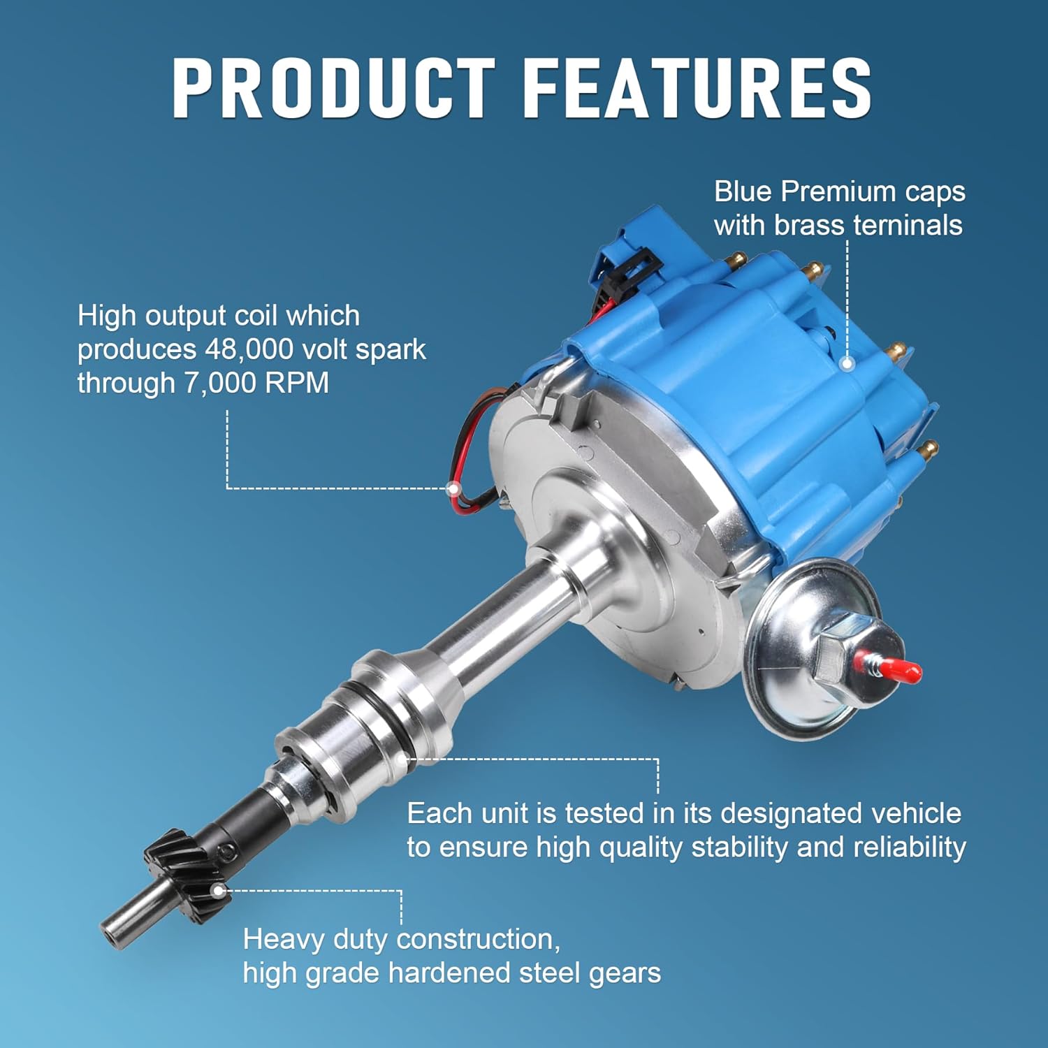 HEI Ignition Distributor with 65K Volt Coil Replacement For Ford Small Block SBF 221 260 289 302 5.0 Replace 1030211, 1030213, PE330, PE330U, JM6502BL Blue Cap