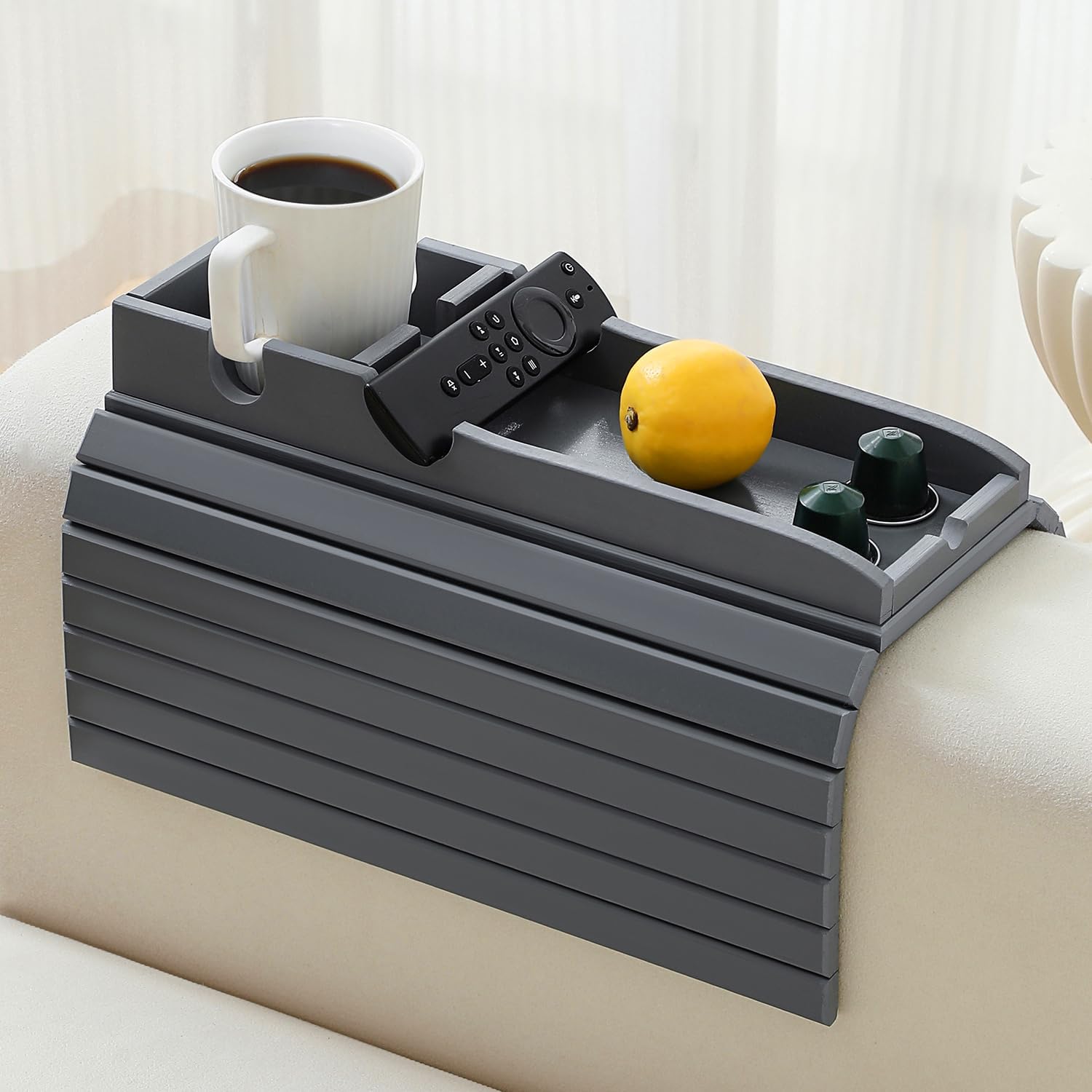Bamboo Couch Cup Holder Arm Tray，Foldable Couch Drink Holder Armrest Table，Sofa Arm Rest Tray，Flexible Arm Chair Table Recliners for Drink,Cups, Snacks, Phone, Remote (Grey)