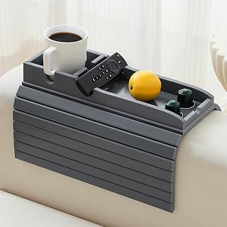 Bamboo Couch Cup Holder Arm Tray,Foldable Couch Drink Holder Armrest Table,Sofa Arm Rest Tray,Flexible Arm Chair Table Recliners for Drink,Cups, Snacks, Phone, Remote (Grey)