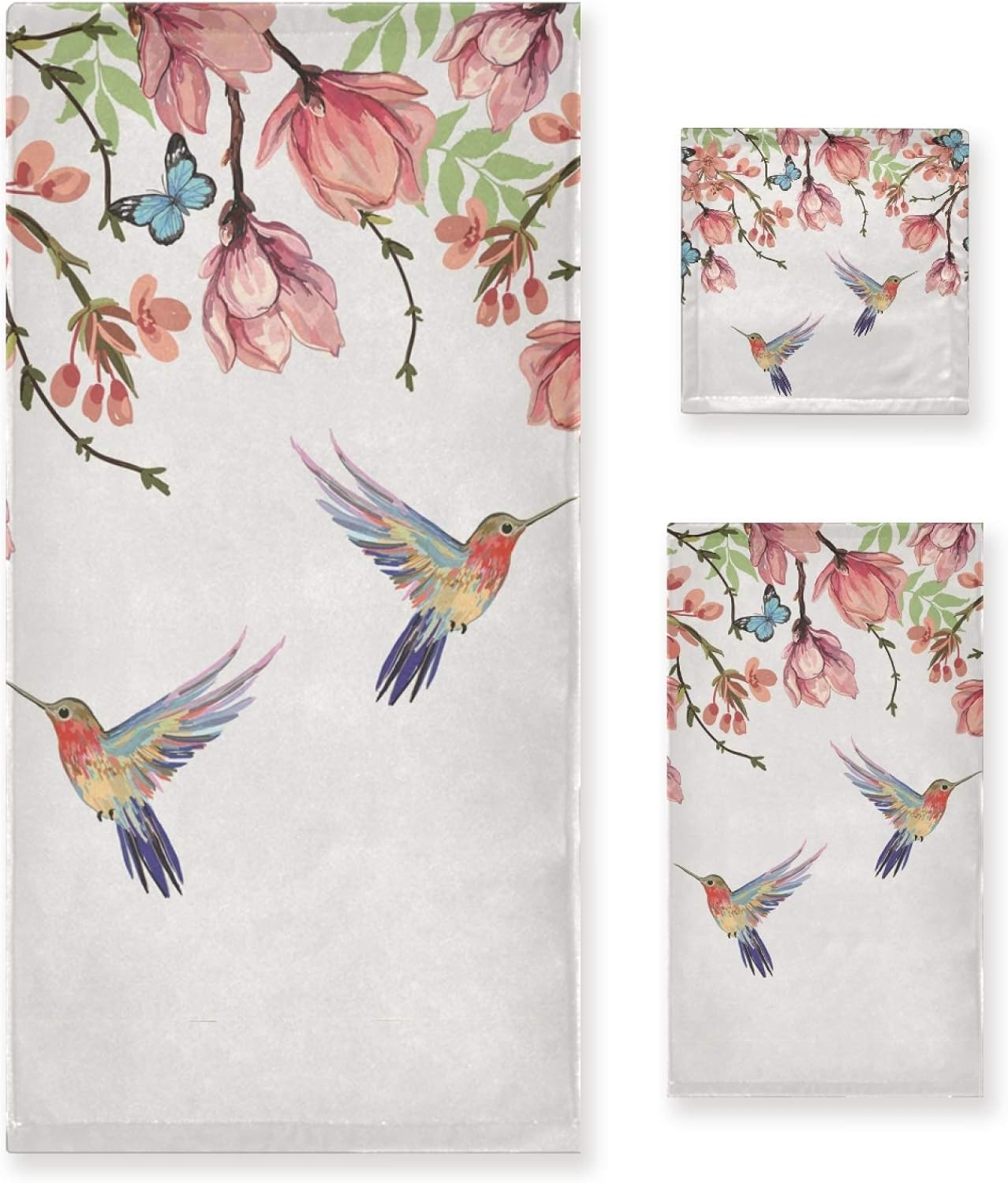 OTVEE Spring Bath Towel Set Hummingbirds Magnolia Butterfly Printed Hand Towels Set High Absorbent Fast Drying 1 Bath Towel 1 Soft Hand Towel 1 Thick Washcloth Decor Towel Set for Hotel Spa Gym