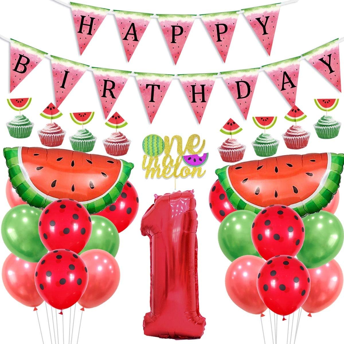 Kreatwow Watermelon 1st Birthday Decorations One In A Melon Cake Topper Watermelon 1st Birthday Balloon Happy Birthday Banner for Baby Girl