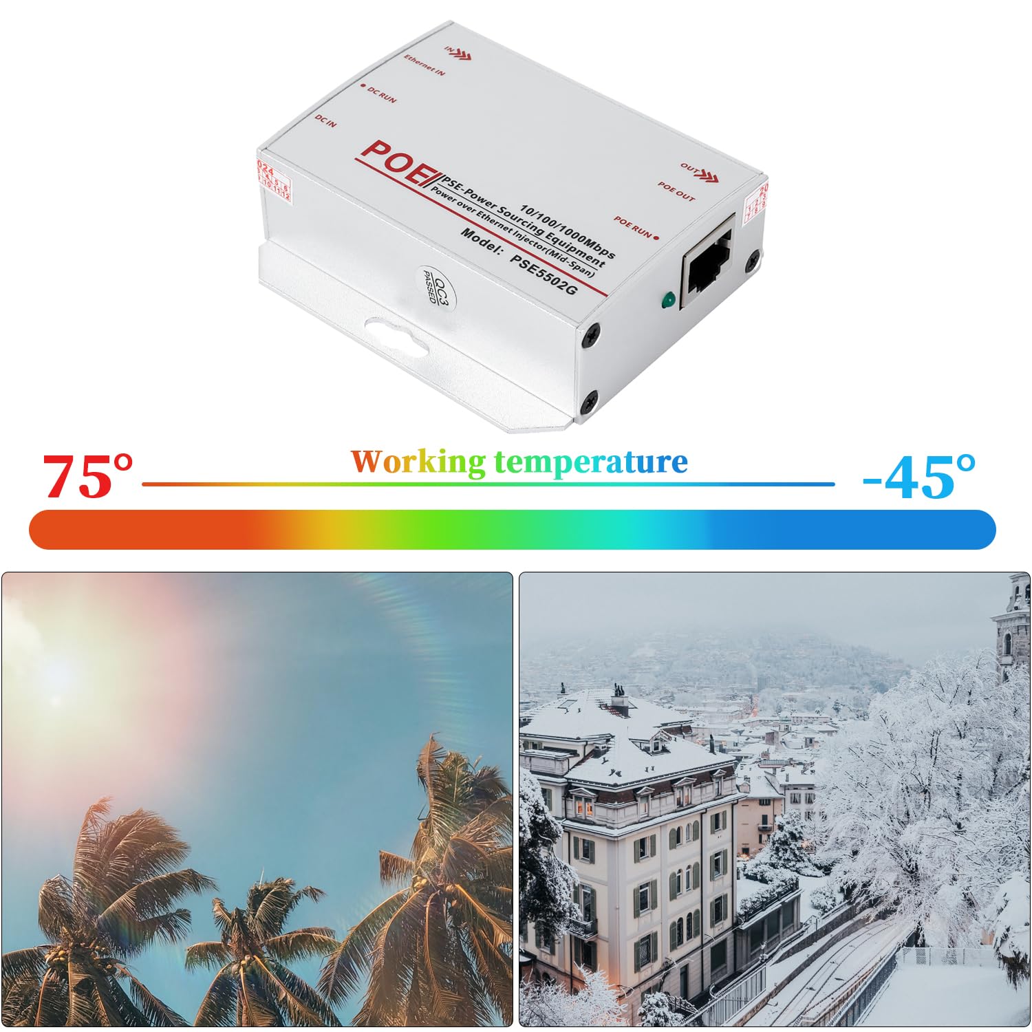 Gigabitowy przemysłowy wtryskiwacz PoE+, konwertuj niskie napięcie DC 12-48 V na wyjście PoE 48 V, IEEE802.3af/at, wtryskiwacz na szynę DIN i do montażu na ścianie do różnych scenariuszy