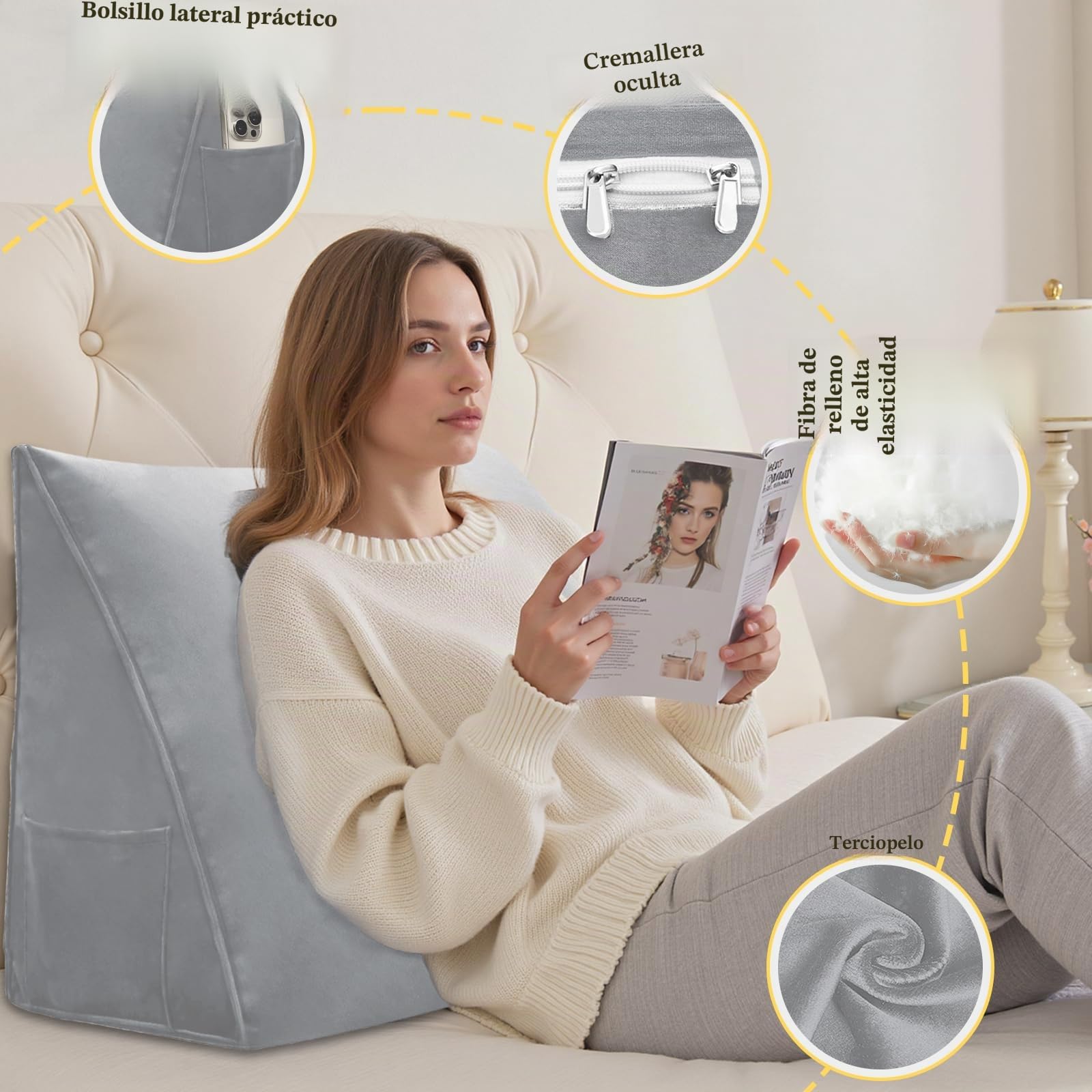 Cojín de Lectura – Cojín Triangular de cuña para Cama y sofá, cómodo cojín para la Espalda, cojín de Apoyo Suave para Leer y Relajarse, con Funda extraíble y Lavable