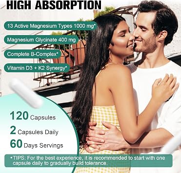 25-in-1 Magnesium Complex with Methylated B Complex Magnesium Glycinate Citrate Malate Taurate Gluconate Aspartate Carbonate D3 K2, Magnesium Supplement for Relaxation Energy & Nerve, 120 Vegan Caps