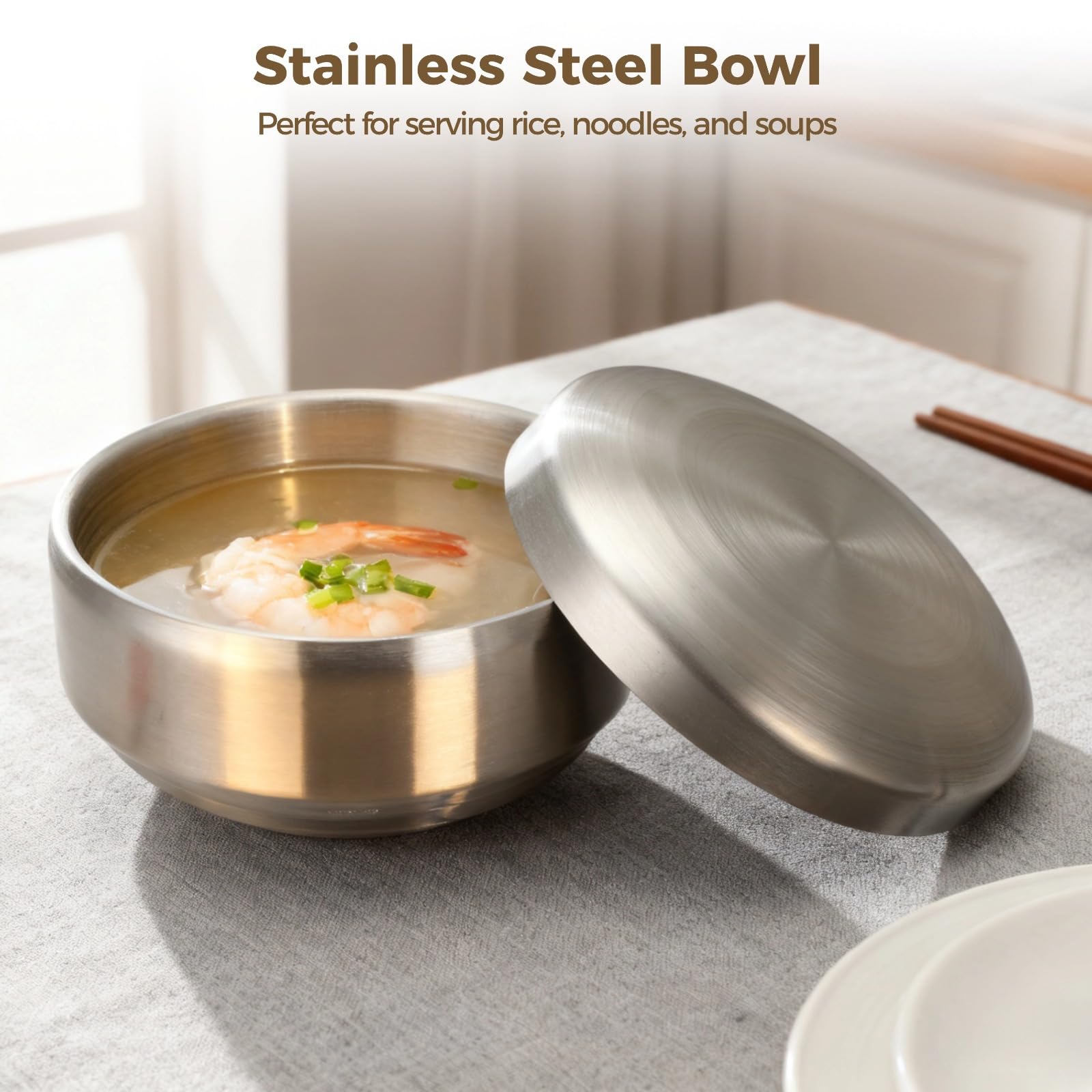 4-teiliges Servierschüssel-Set, 12,4 cm, Edelstahl, koreanische Reis-Suppenschüssel mit Deckel, doppelwandige, isolierte Salatschüsseln für Restaurant, Zuhause