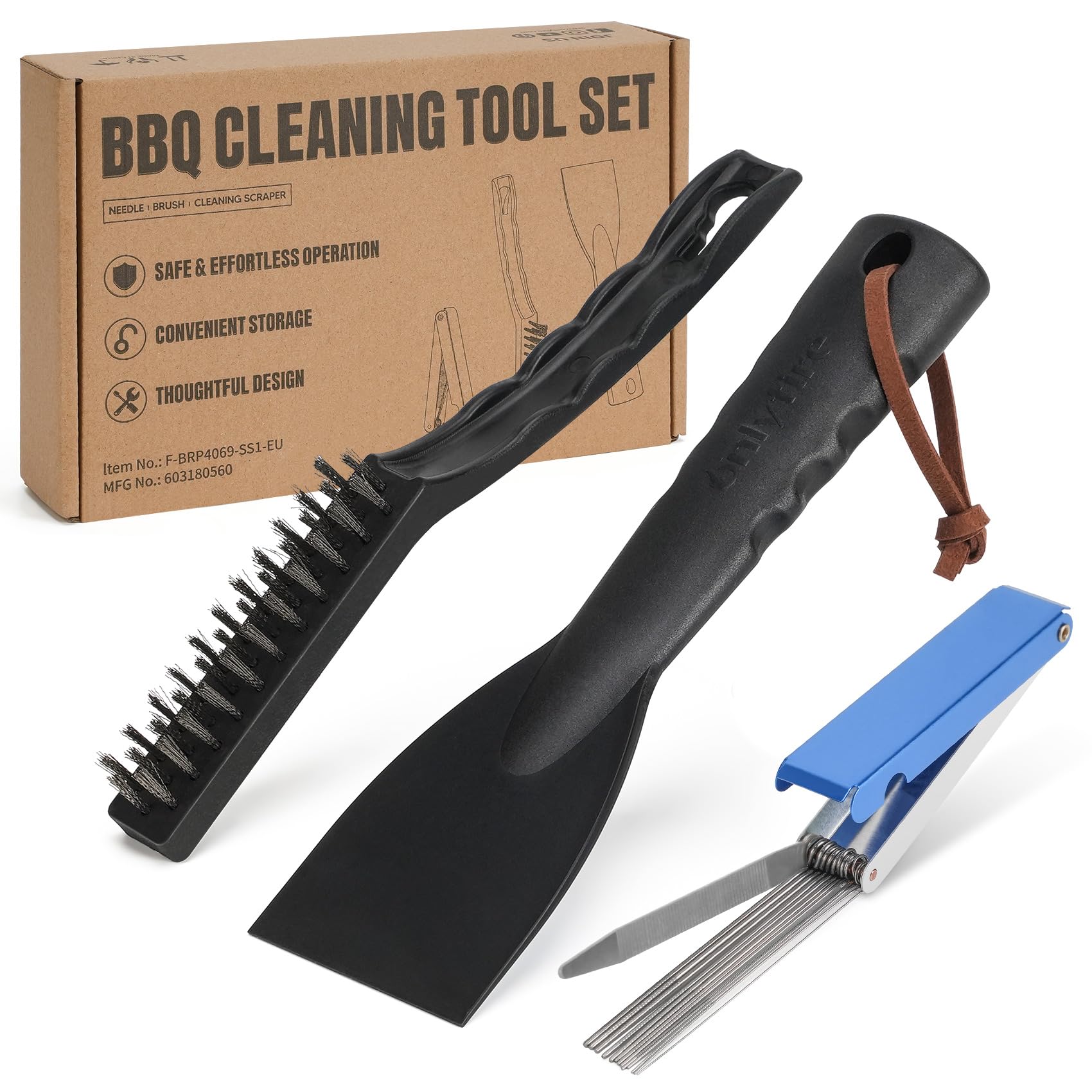 Onlyfire Professional 3 Pcs BBQ Cleaning Kit, Includes Stainless Steel Cleaning Needles, Heavy Duty Wire Grill Brush & Plastic Cleaning Scraper for Unclogging, Scrubbing & Scraping