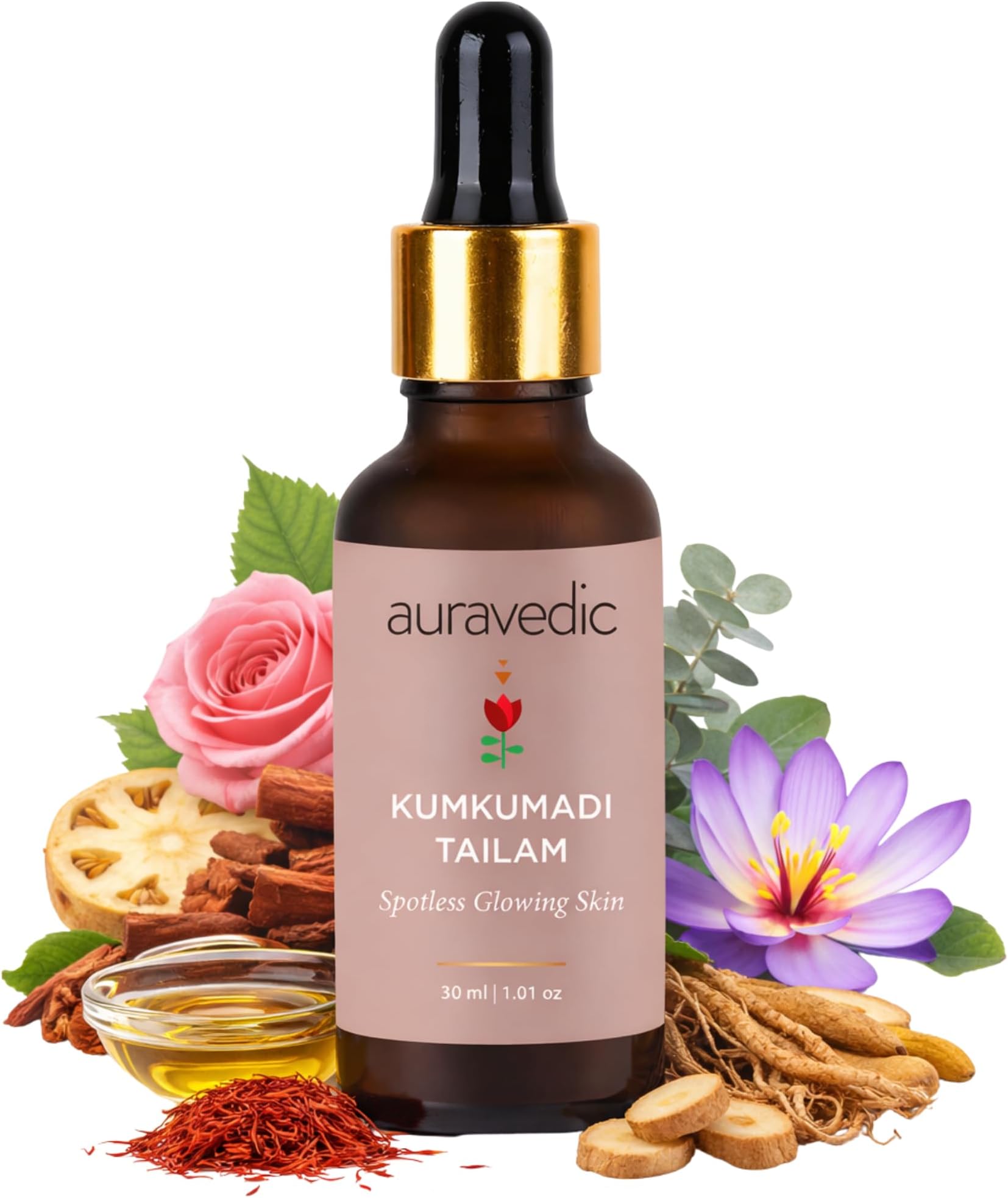 Auravedic Kumkumadi Tailam Face Oil | Enriched Saffron & Ayurvedic Herbs | Helps Reduce Dark Spots & Uneven Skin Tone | Gives Soft, Smooth & Glowing Looking Skin | Lightweight & Fast Absorbing | 30ml