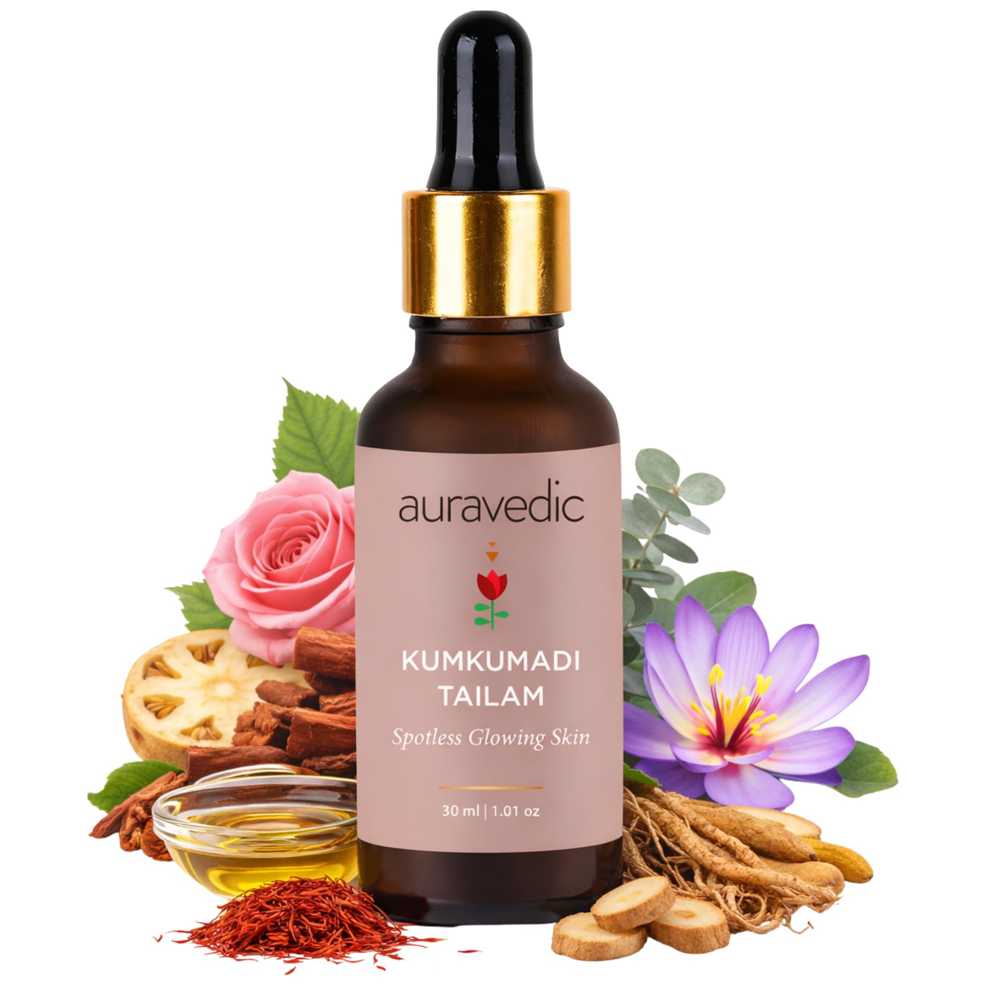 Auravedic Kumkumadi Tailam Face Oil with Saffron & 20+ Ayurvedic Herbs | For Dull Skin, Uneven Tone & Dark Spots | Lightweight Night Facial Oil for Natural Glow | 1.01 Fl Oz (30ml)