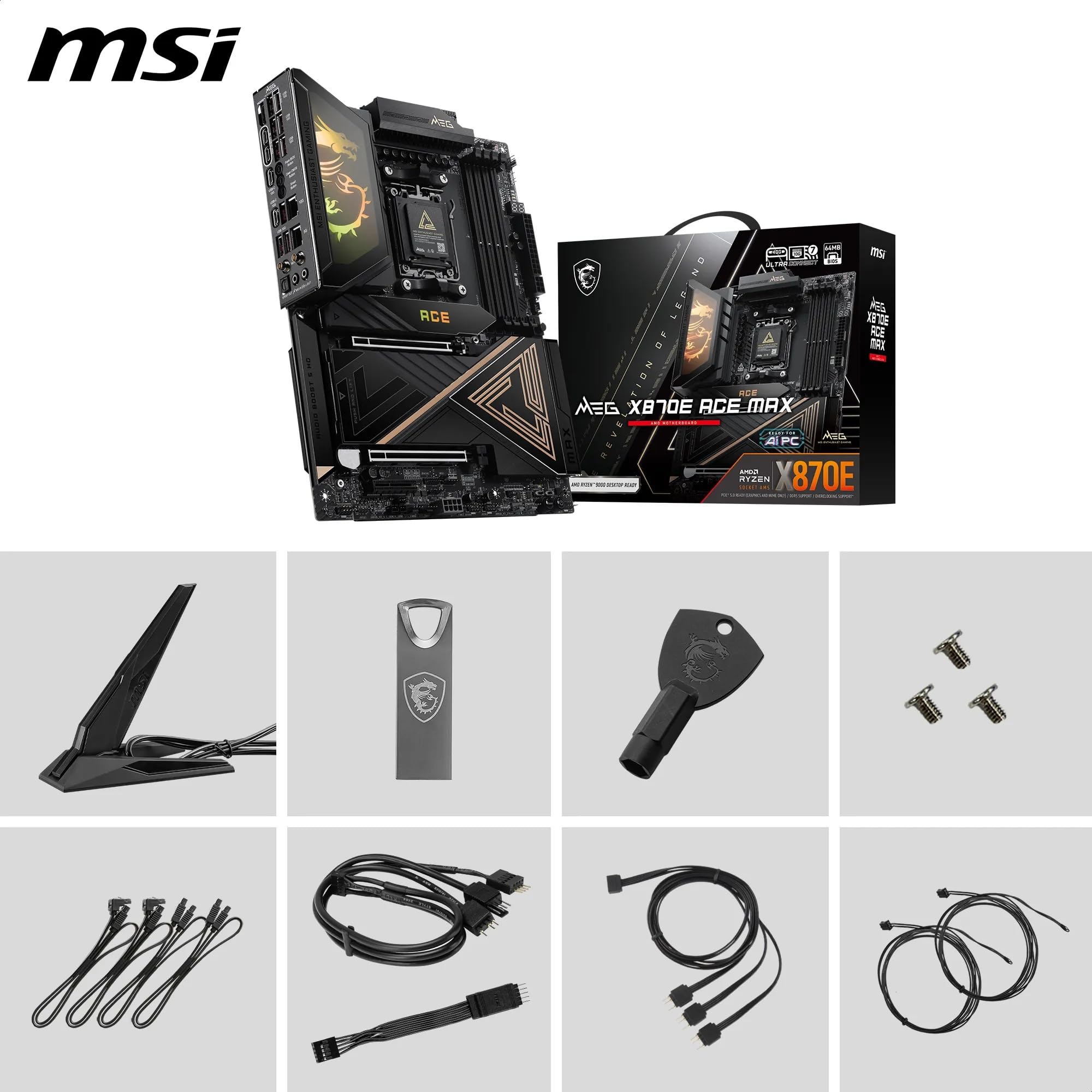 MSI Płyta główna Meg X870E Ace MAX, ATX. Obsługuje procesory AMD Ryzen 9000/8000/7000, AM5-64MB BIOS ROM, 110A SPS VRM, pamięć DDR5 (do 9000+ MT/s OC), M.2 i PCIe 5.0, USB4, Wi-Fi 7, 10G LAN