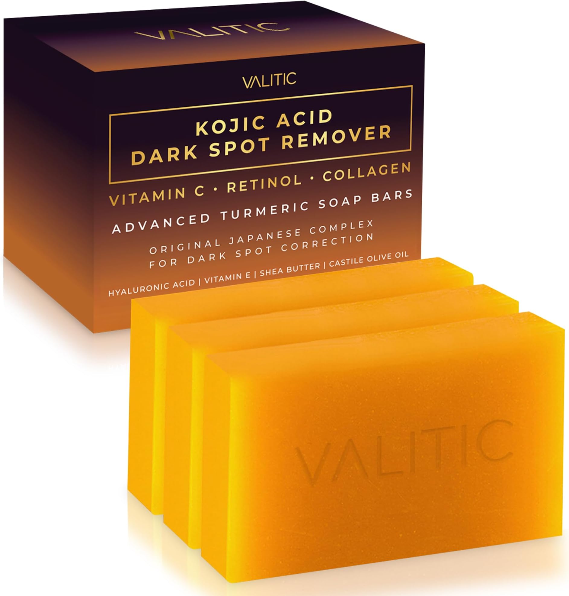 VALITIC - Kojic Acid Soap Stick to Remove Dark Spots, Vitamin C, Retinol, Collagen and Turmeric (Original Japanese)