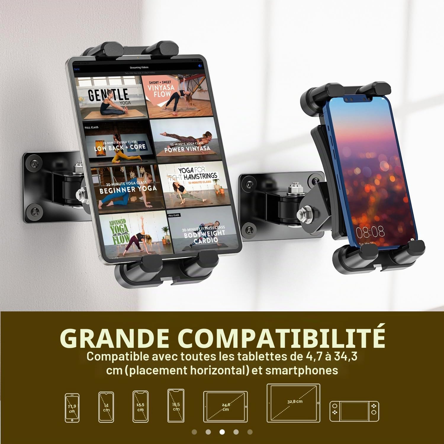 Tendak Support Mural pour Tablette, Support Mural Aluminium pour iPad, avec Base rotative à 360° réglable et Pliable pour iPad Pro Air, Tous Les téléphones et tablettes de 4,7 à 13.5"